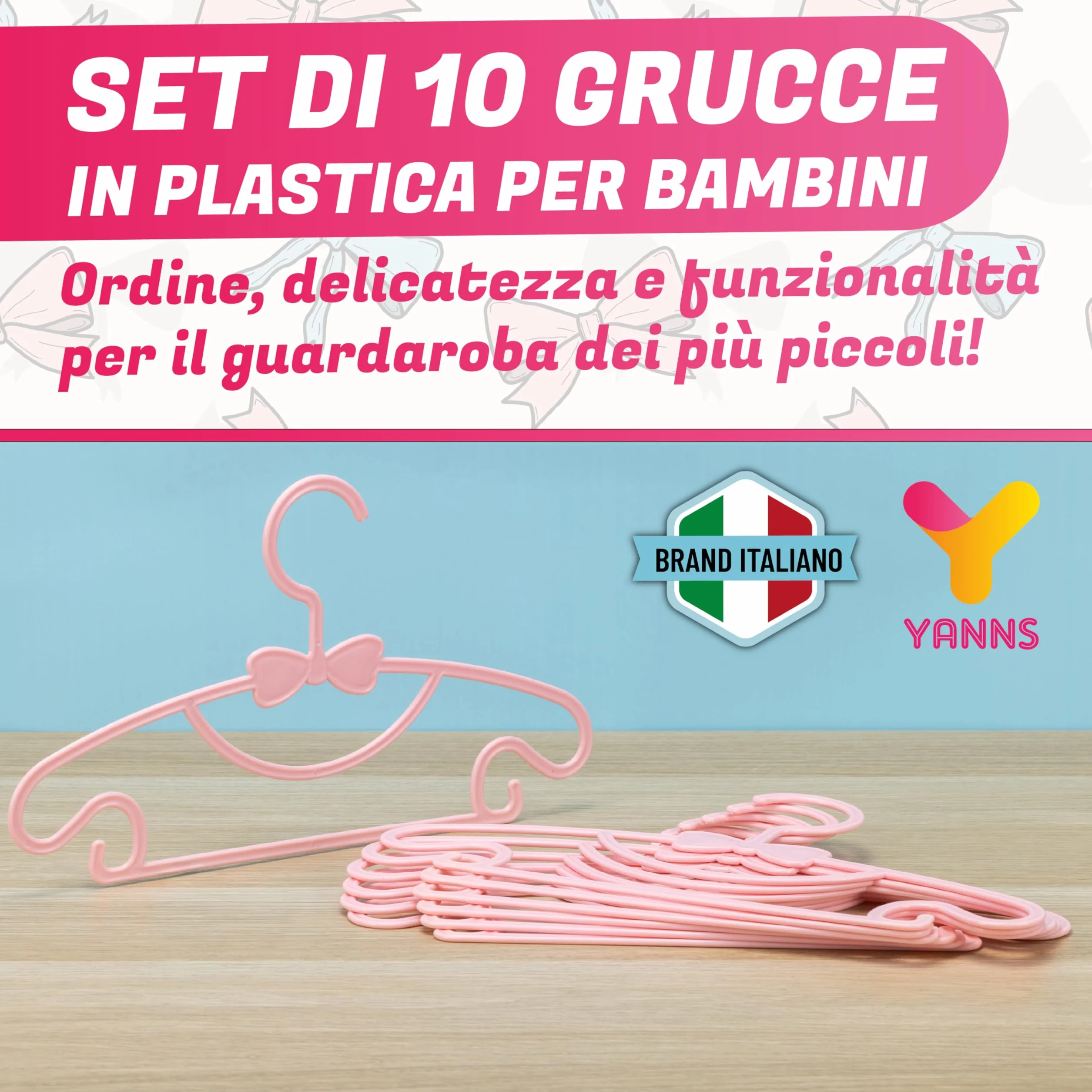 Grucce Bambini - Antiscivolo - Confezione da 10 Pezzi - Appendini Salvaspazio per Armadio - Adatto ai Vestiti per Bambini - Rosa