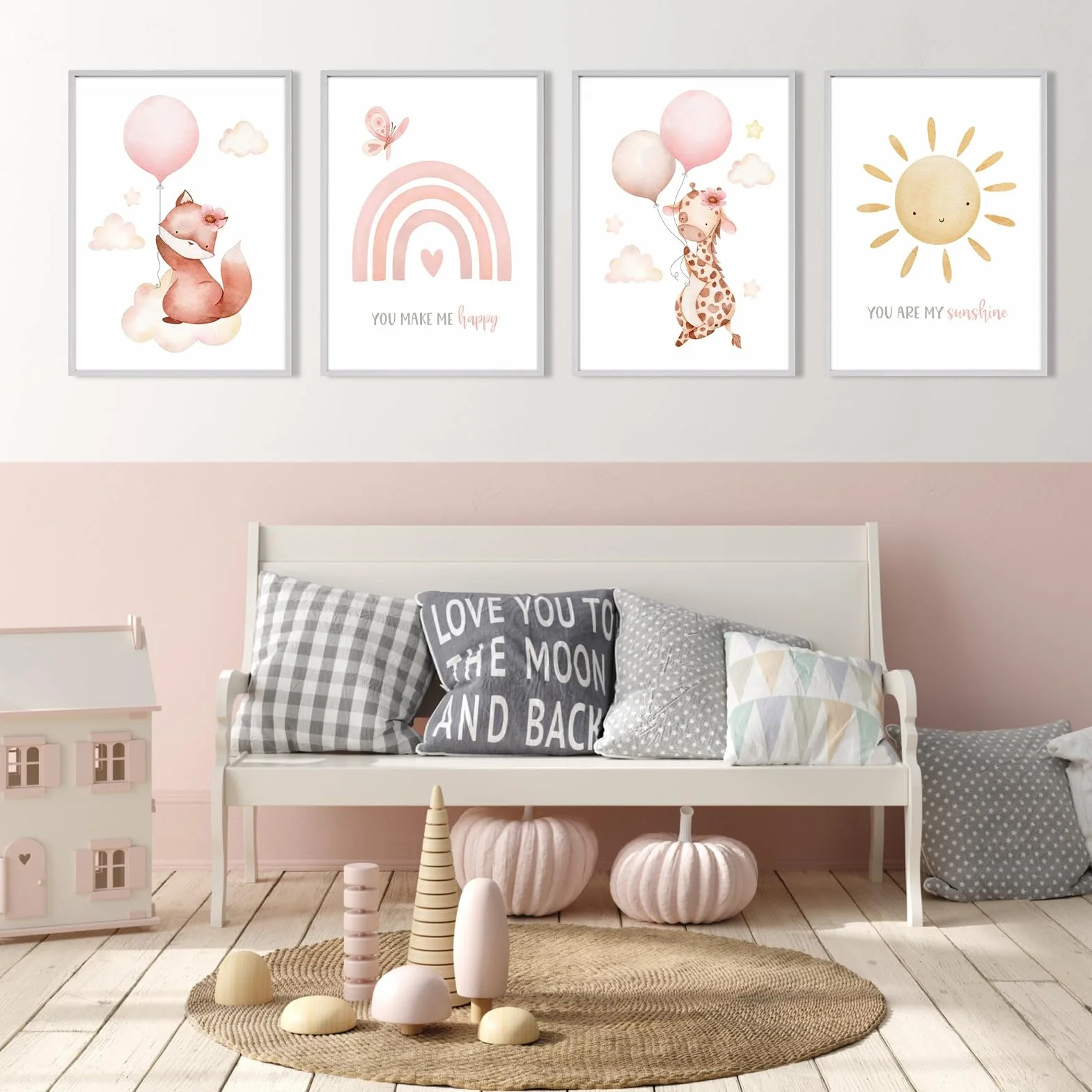 Eclove Set di 4 Poster per Cameretta Bambini - Animali ad Acquerello con Volpe Rosa & Giraffa, Decorazione Murale per Nursery e Cameretta di Bambina, Senza Cornice (21x30 cm A4)