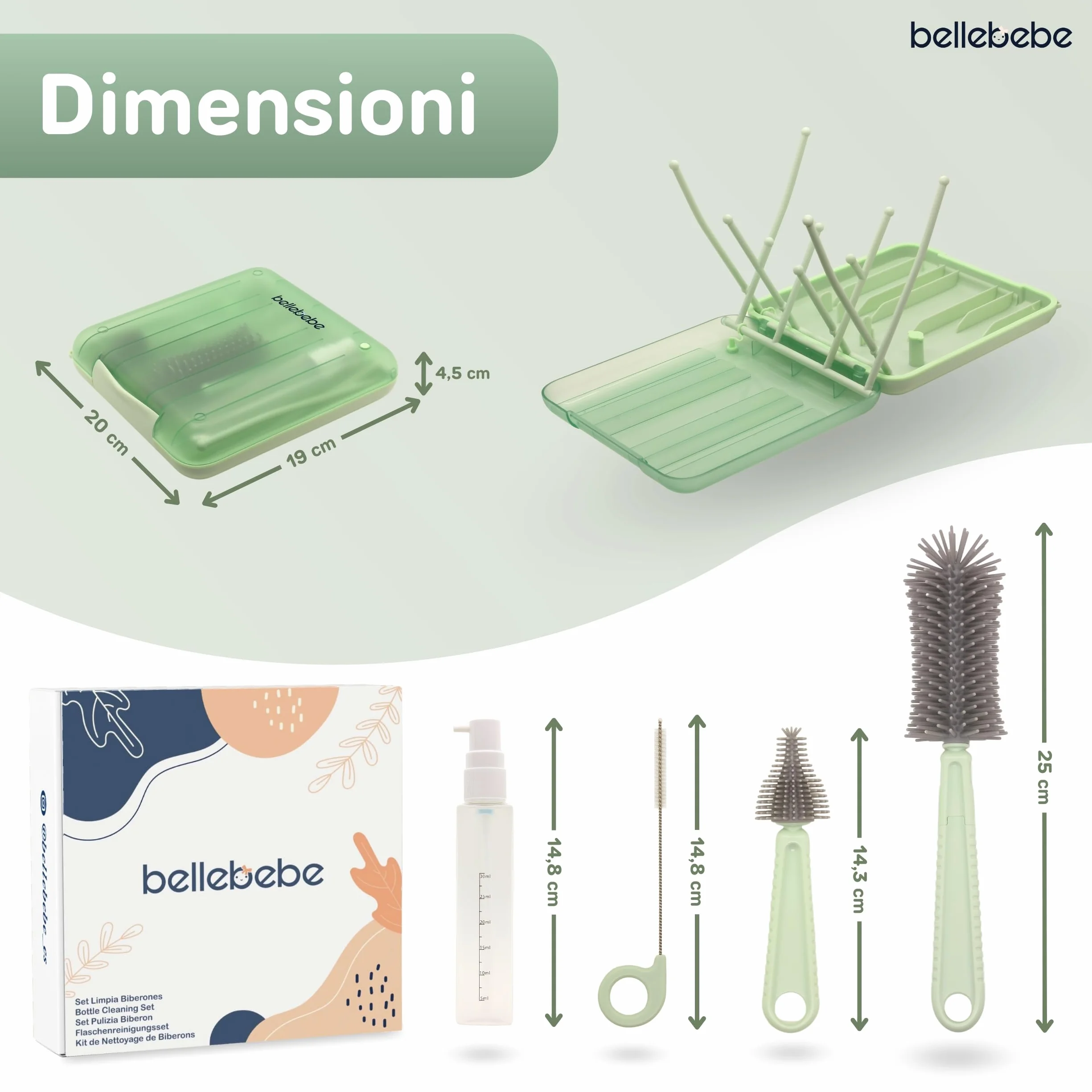 BELLEBEBE Set Escurre Biberones con Limpia Biberones - 6 en 1 Kit Cepillo Limpia Biberones con escurre biberones Plegable - Portatil - Transportable - Regalo para Bebe - SIN BPA - Verde