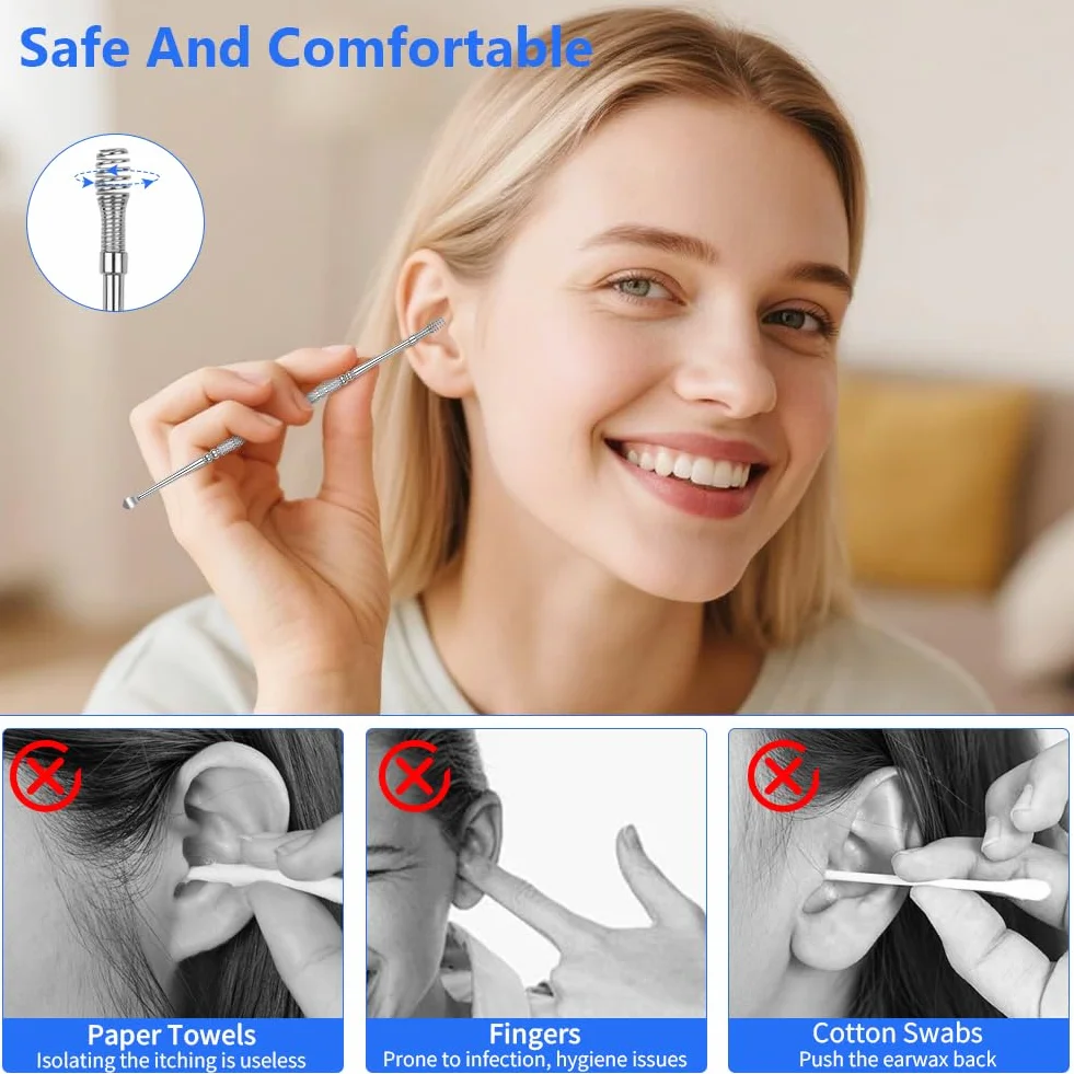 Kit Pulizia Orecchio, 8 Pezzi Strumenti per Pulizia dell’Orecchio in Acciaio Inox, con Scatola Portaoggetti, Detergente per Orecchie Igienico Riutilizzabile per Adulti e Bambini- Argento