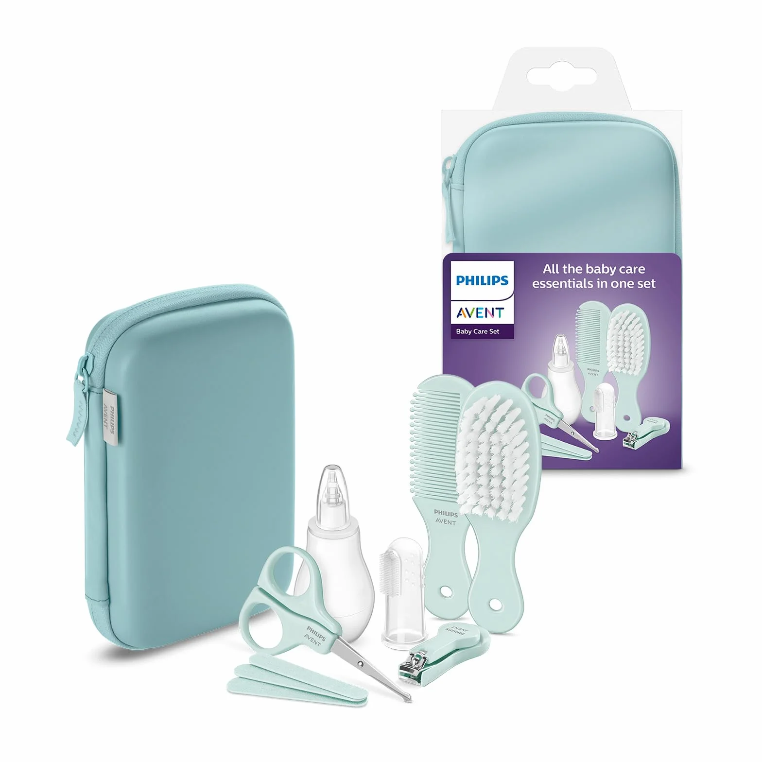 Philips Avent Set per la cura del bambino con tagliaunghie, forbici, limette per unghie, pettine, spazzola per capelli, aspiratore nasale e spazzolino da denti applicabile sul dito (modello SCH401/00)