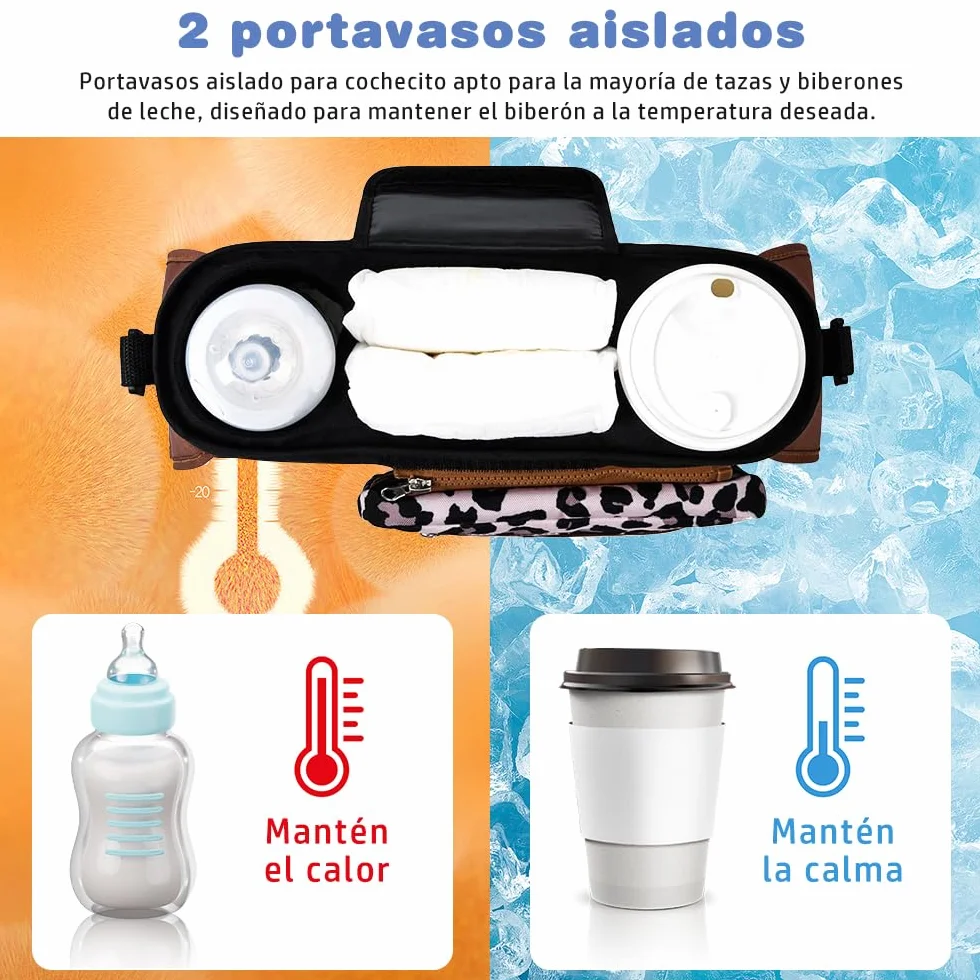 Borsa organizer per passeggino, borsa organizer per passeggino con portabicchieri isolato e tracolla regolabile, per pannolini e giocattoli, passeggino con 2 ganci (leopardo)