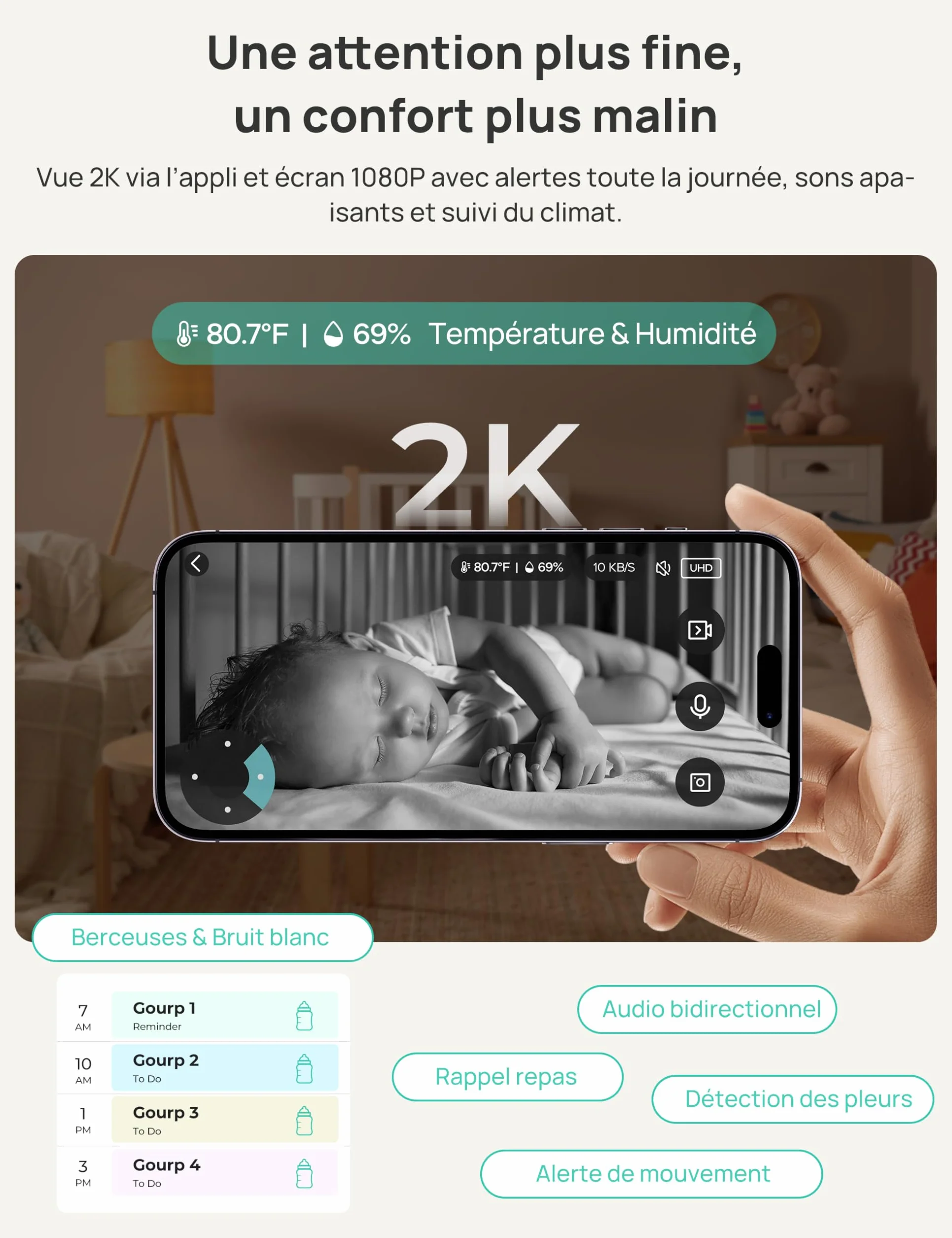 Dr.Care VistaView Baby Monitor Video e Audio con 2 Fotocamere Smart WiFi, 5”1080P Schermo Diviso, Telecamera 2K/3MP, Batteria 5000mAh, Visione Notturna, Allarmi Pianto, Sicurezza Tripla, Portata 390m