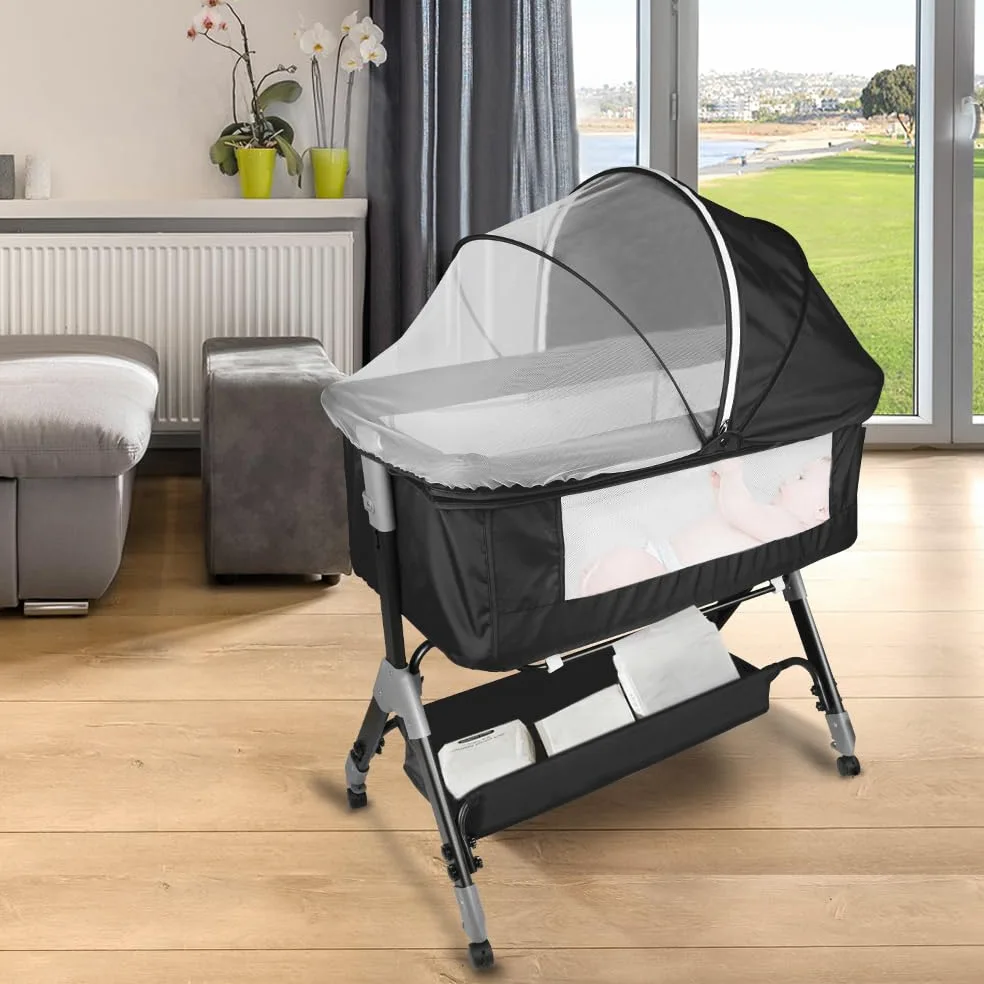 HUOLE 3 in 1 Culla Neonato Fianco Letto, Lettino Neonato Dondolo con Materasso, Culla Co-Sleeping Fino a 25 kg, Altezza Regolabili, Inclinazione di 20°-104 * 52 * 100-110 cm-nero
