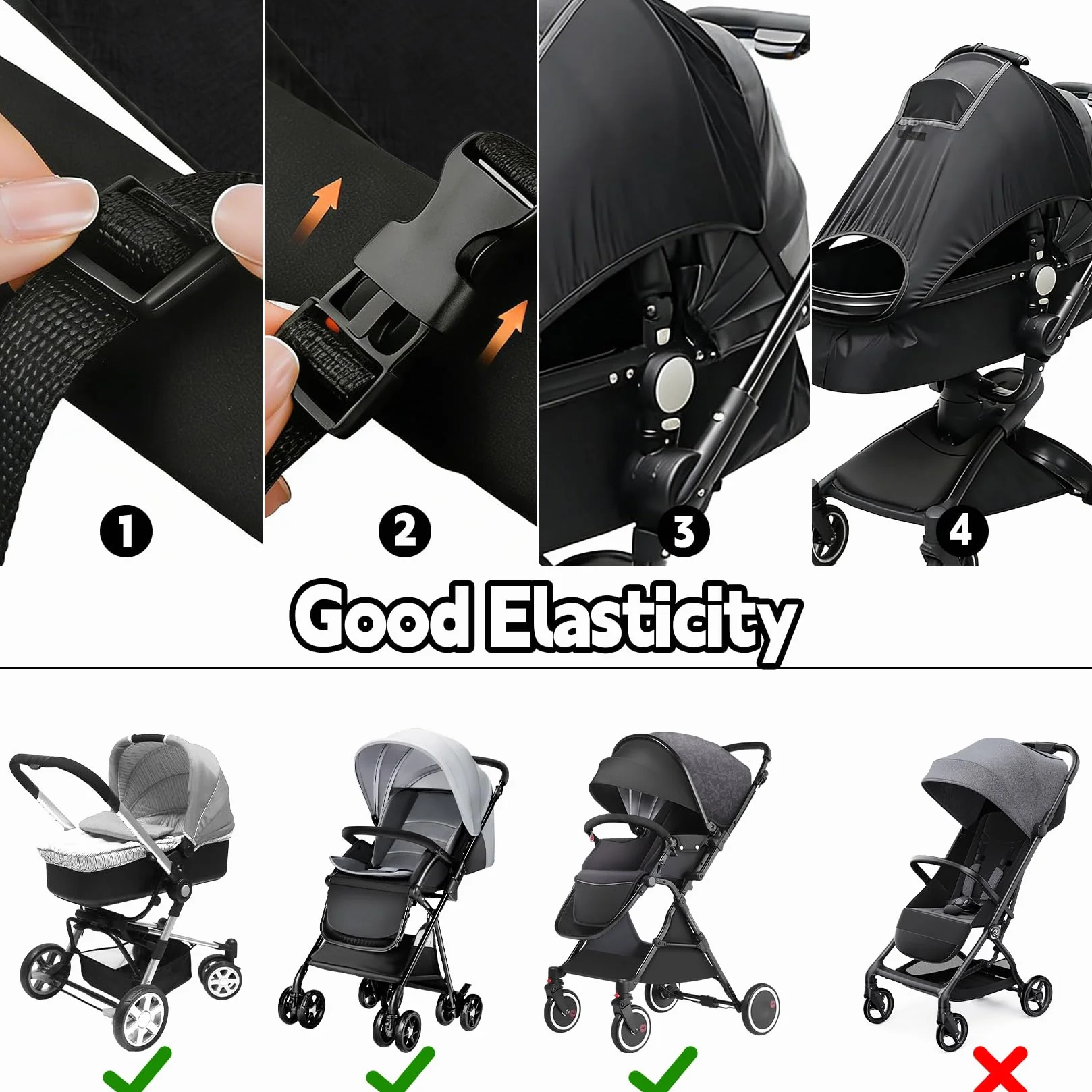 Parasole per passeggino con finestra, impermeabile, regolabile, universale, con protezione UV (nero)