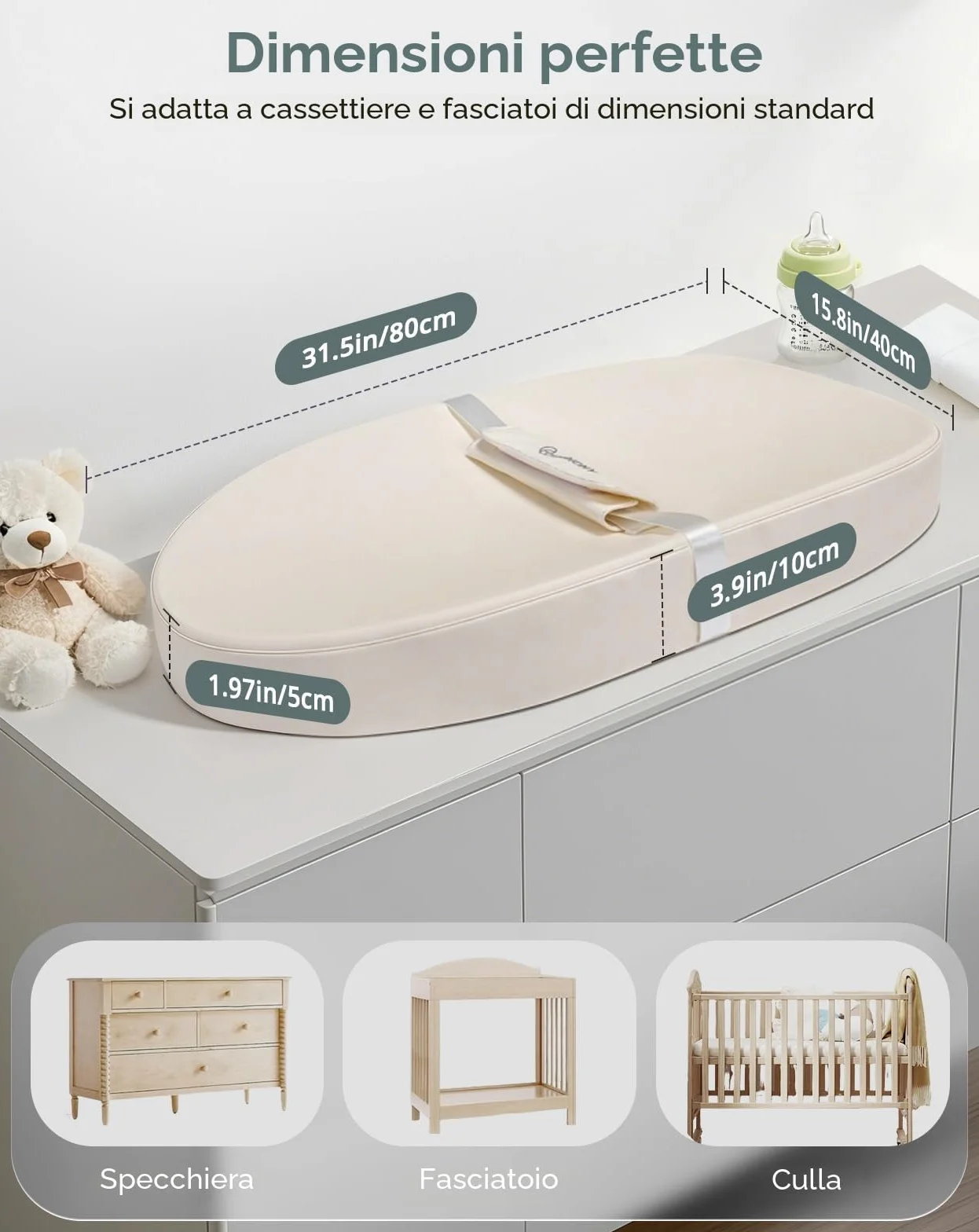 COMOMY Materassino Fasciatoio in Pelle Vegana, 80 x 40 cm, Impermeabile e Lavabile, con Cintura di Sicurezza e Design Antiscivolo, Morbido Cuscino per Fasciatoio Leggero (Beige)
