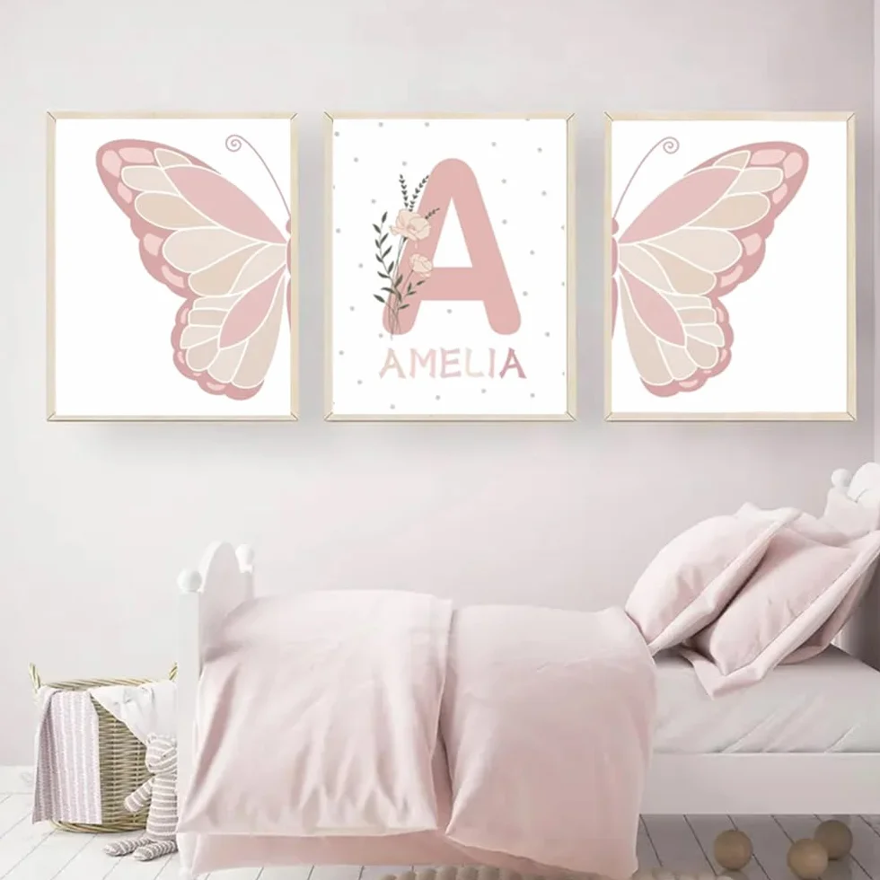 Generico 3 Quadri Personalizzati Nome Nascita Stampe Bimba Farfalla Rosa 30x 40 cm Quadro Cameretta Bambina Decorativi da Parete Bambini Poster Camera Ragazza Ragazzo Regalo Tela senza Cornice
