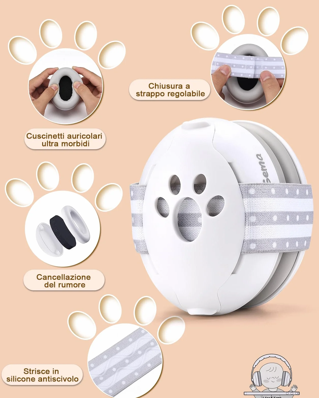 Lilian&Gema 2 in 1 Cuffie Neonato Antirumore -25dB,Protettori acustici per neonati, archetto regolabile, antiscivolo e antistress, protezione acustica ideale per neonati fino a 48 mesi