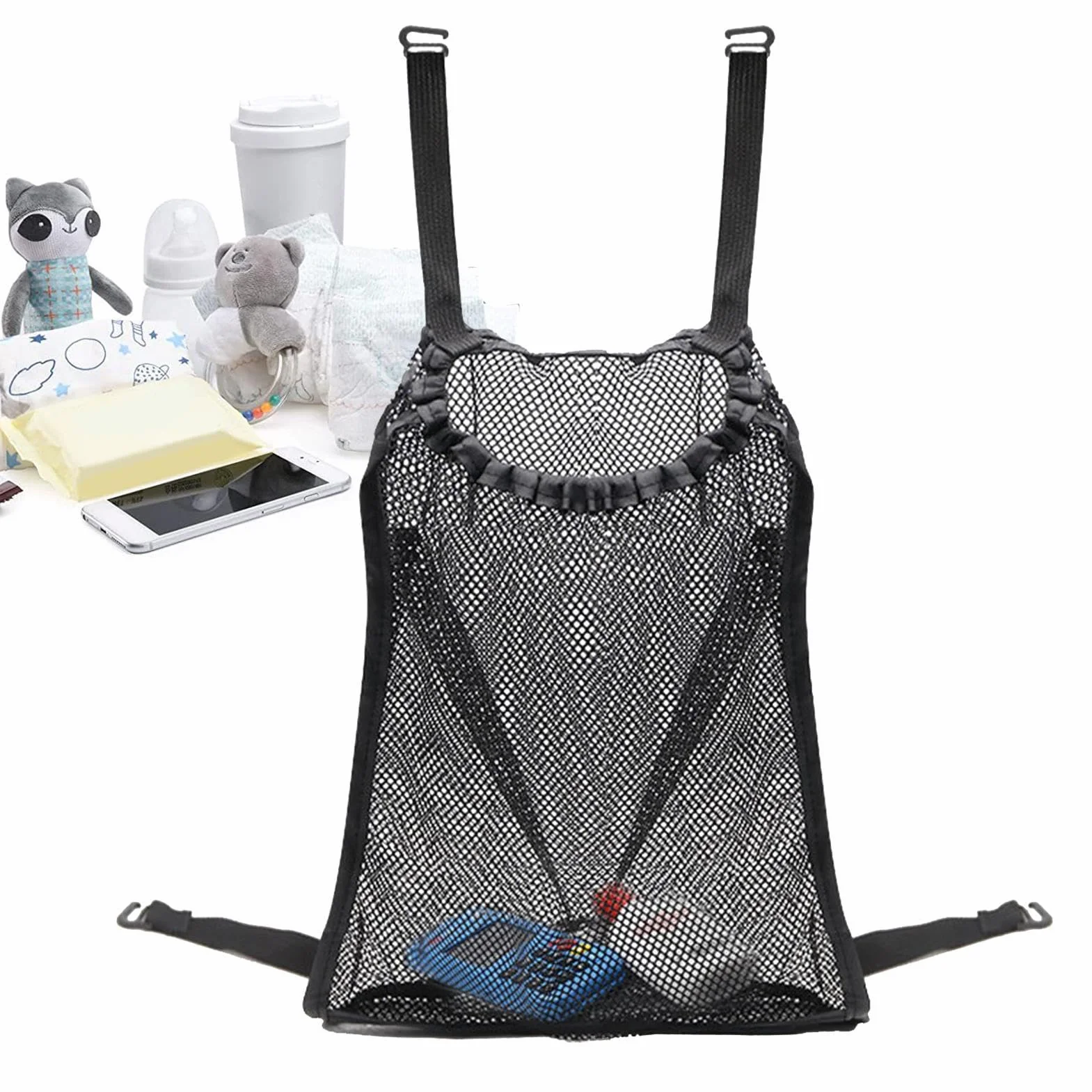 Net di stoccaggio dei passeggeri - organizzatore riparato con cinturini regolabili, borsa a maglie di grande capacità | Rete cargo per pannolini, snack, giocattoli, accessorio per passeggino, contenit