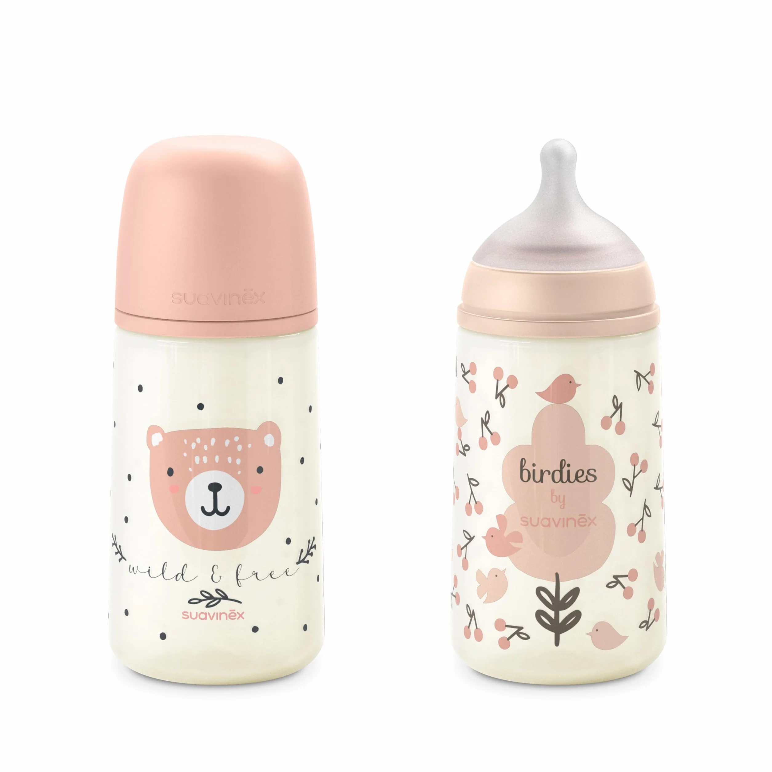 Suavinex, Confezione 2 Biberon da 270 ml, Tettarella Simmetrica SX Pro in Silicone con Valvola Anticolica, Flusso Medio, Liquido Densità Media, Latte, Succhi, Acqua. ​+3 Mesi.Birdies, Wild&Free, Rosa