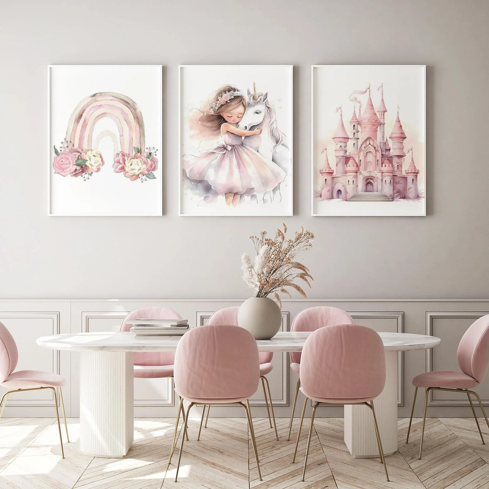 Zamety Poster da Parete Ragazza, Quadro Camera da Letto 30×40cm, Set di 3 Poster Arcobaleno Unicorno Principessa e Castello, Stampe da Parete Adatto per Camerette per Bambine, Senza Cornice