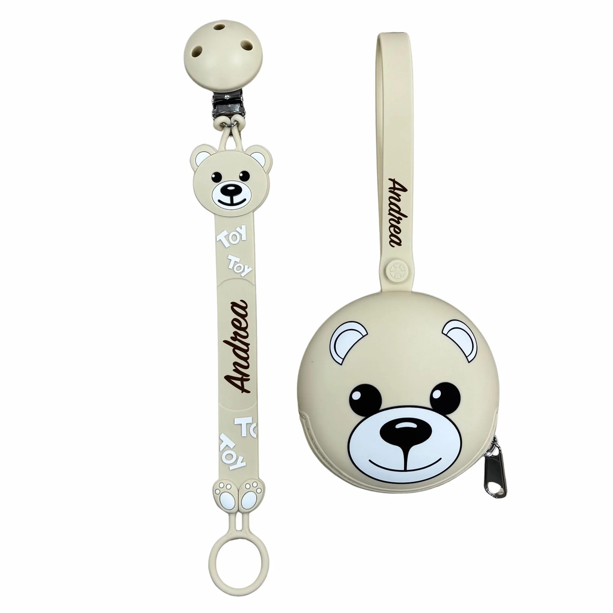 NOVITÁ Fettuccia IN SILICONE, per ciuccio personalizzata con nome, orsetto, BABYJART, lavabile,sicura per il bambino,compatibile con ciuccio MAM e CHICCO AZIENDA ITALIANA, MADE IN ITALY! Orso Beige