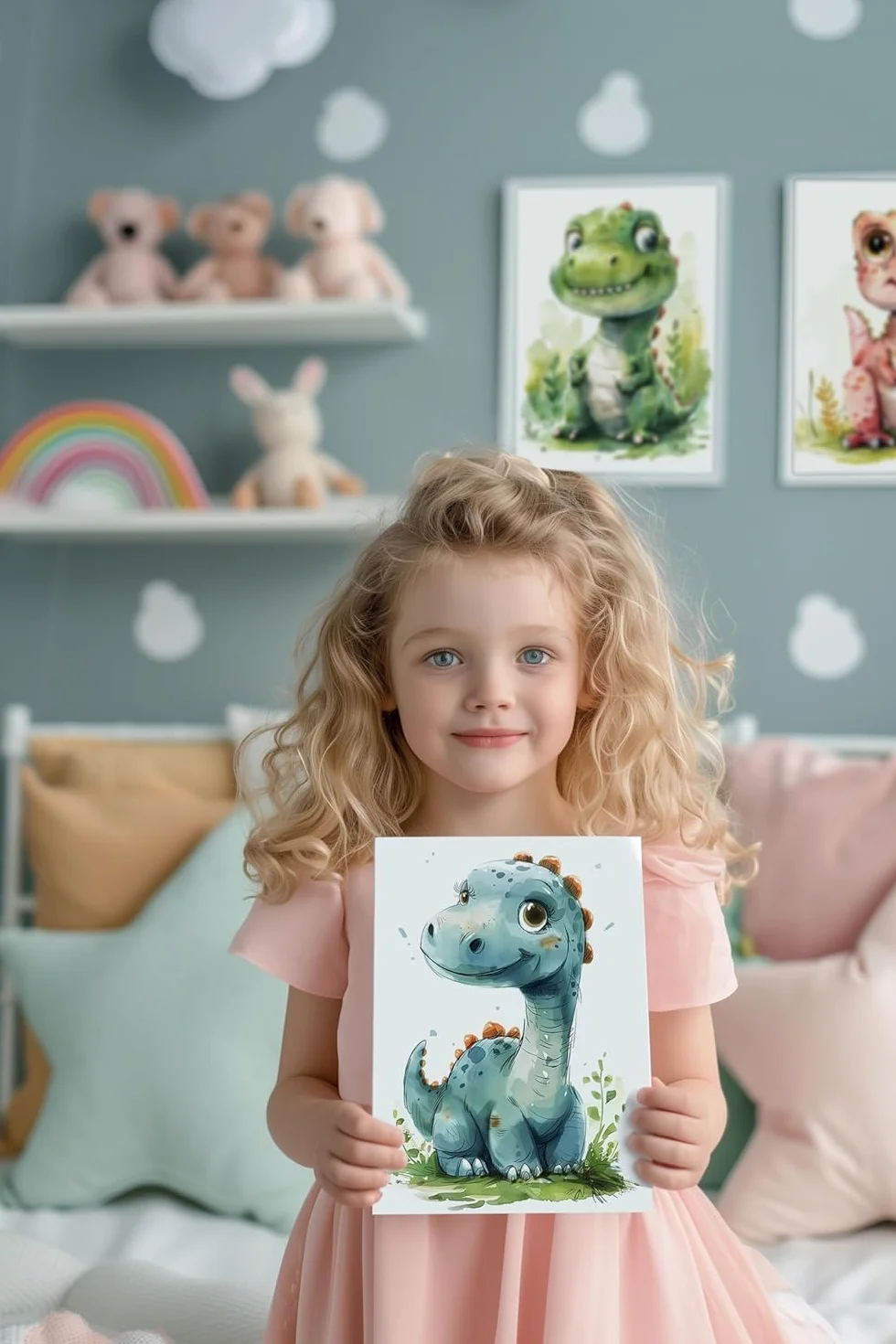 GHIBLI Set 4 poster decorativi per la cameretta dei bambini, quadri per bambino o bambina, quadretti decorazioni per camera bambini, formato A4, immagini dinosauri. Cornici non incluse (Set 1)