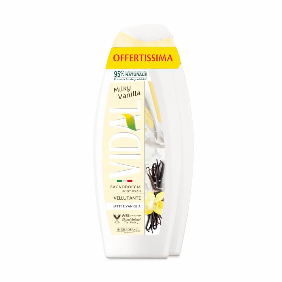 Vidal - Bagnoschiuma Milky & Vanilla, Formula Vellutante, con Latte di Mandorla e Vaniglia, Dermatologicamente Testato, 2 Confezioni da 600ml