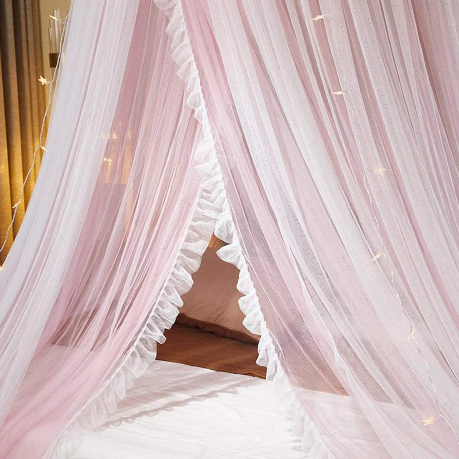 VARWANEO Tenda a baldacchino per letto da principessa, tenda a baldacchino a doppio strato in rete velata, zanzariera per letto matrimoniale, king size, rosa e bianco
