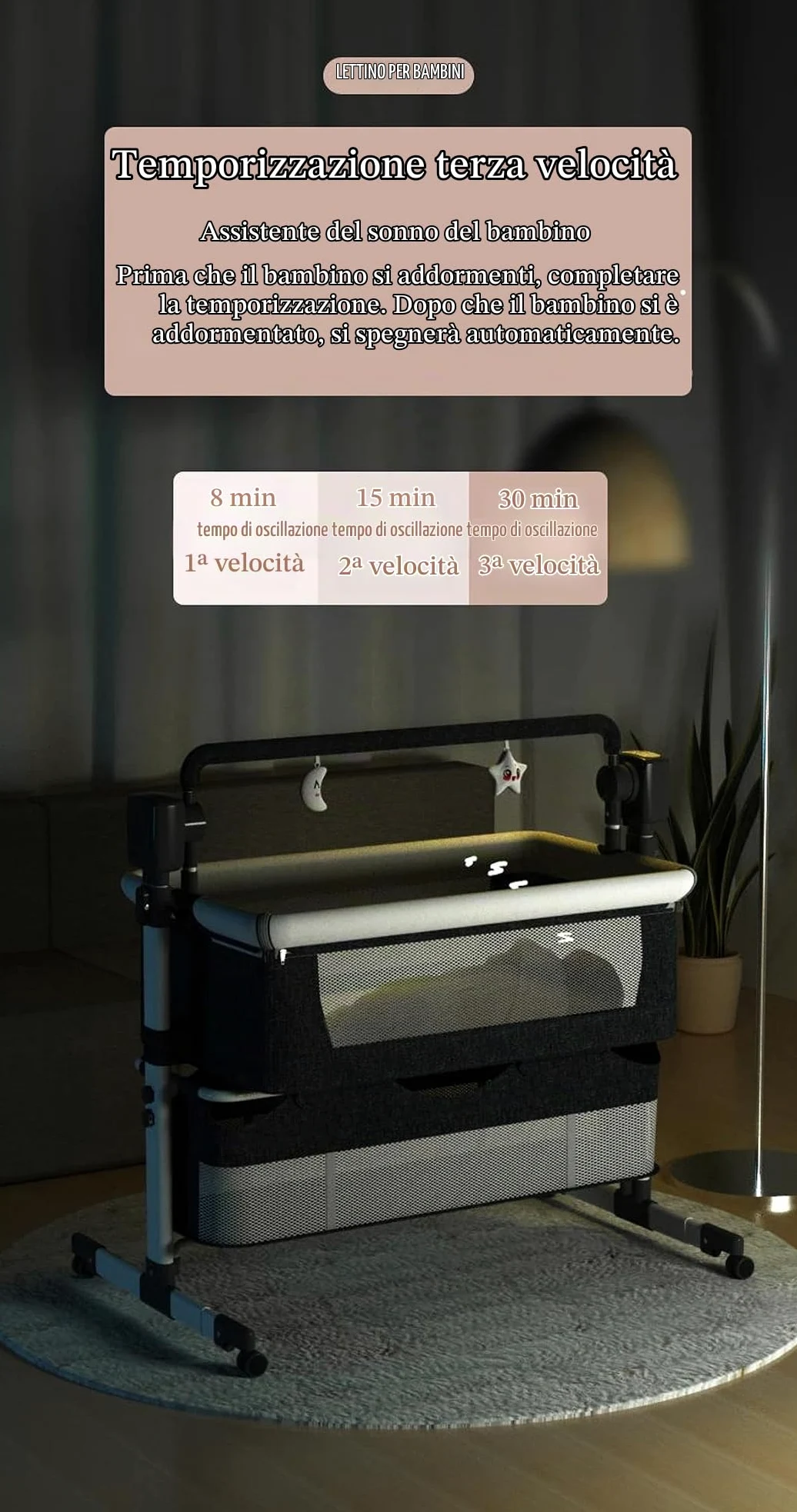 Nine point nine Elettrico Bluetooth Intelligente Culla Next to Me, Culla Neonato Fianco Letto, Convertibile Co-sleeping per Bambini Pieghevole con Musica 5 Ingranaggi Ondeggianti (601 Khaki)