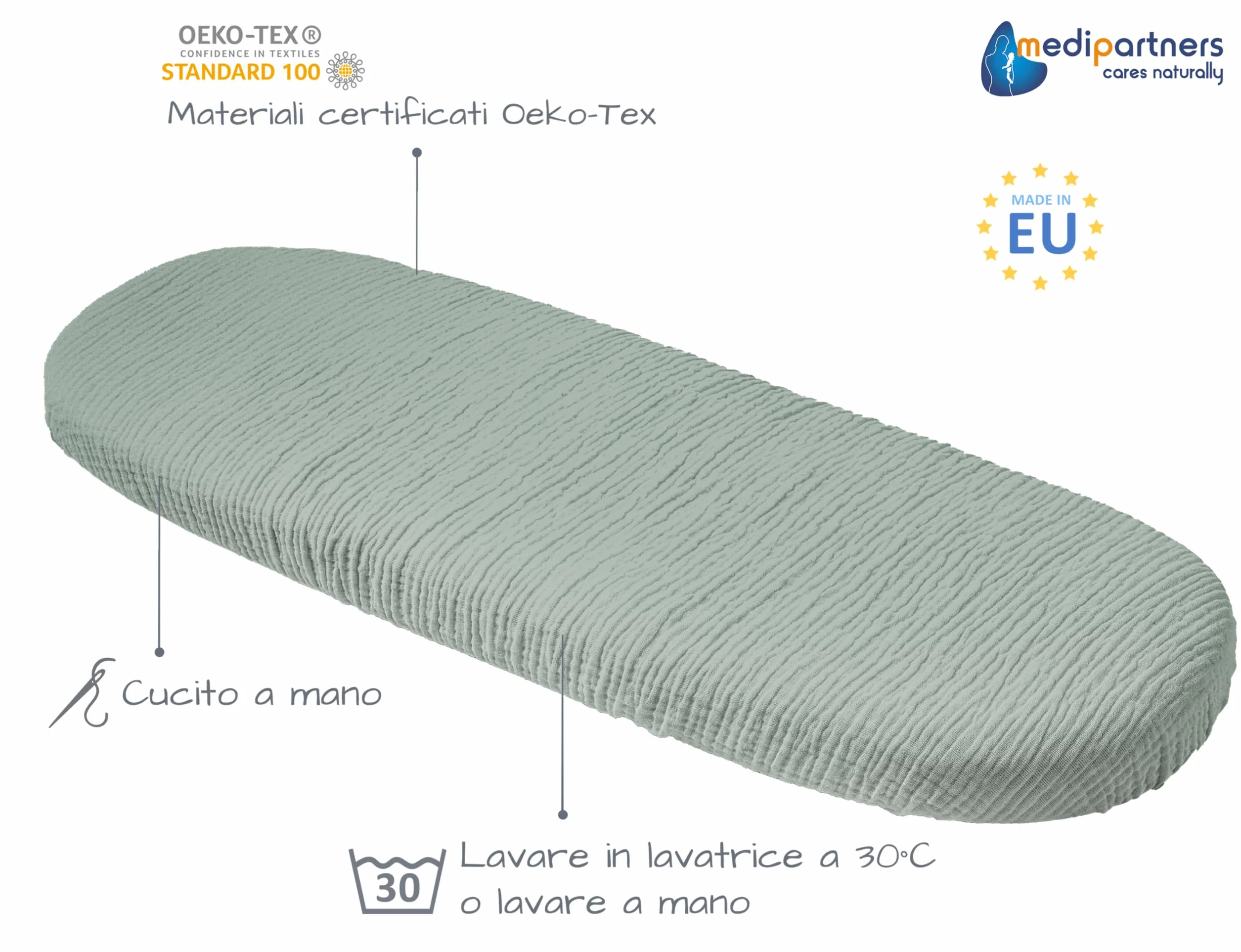 Medi Partners Lenzuola Lettino Culla 86x40 Set 3 Lenzuolo Navicella Neonato Carrozzina con Angoli - 100% Cotone Mussole Passeggino Materasso Fitted Sheet Coprimaterasso (Oliva-Bianco-Grigio)