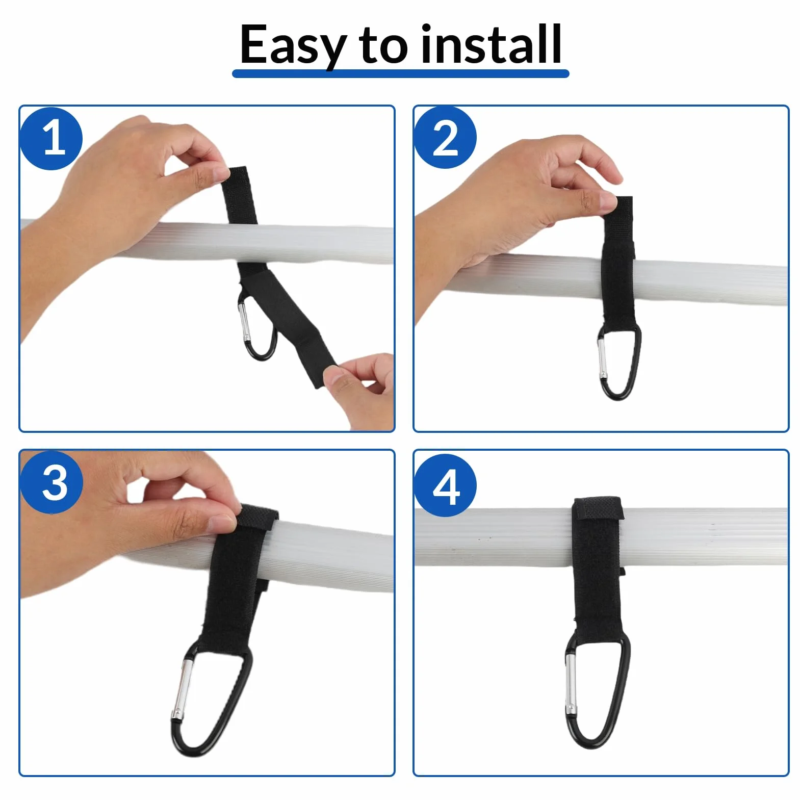 Set di 4 Pezzi, Ganci Passeggino, Universali Rotanti, Ganci Multifunzionali per Passeggini, Carrelli e Trolley, Nero, Facili da Installare, Resistenti e Adattabili