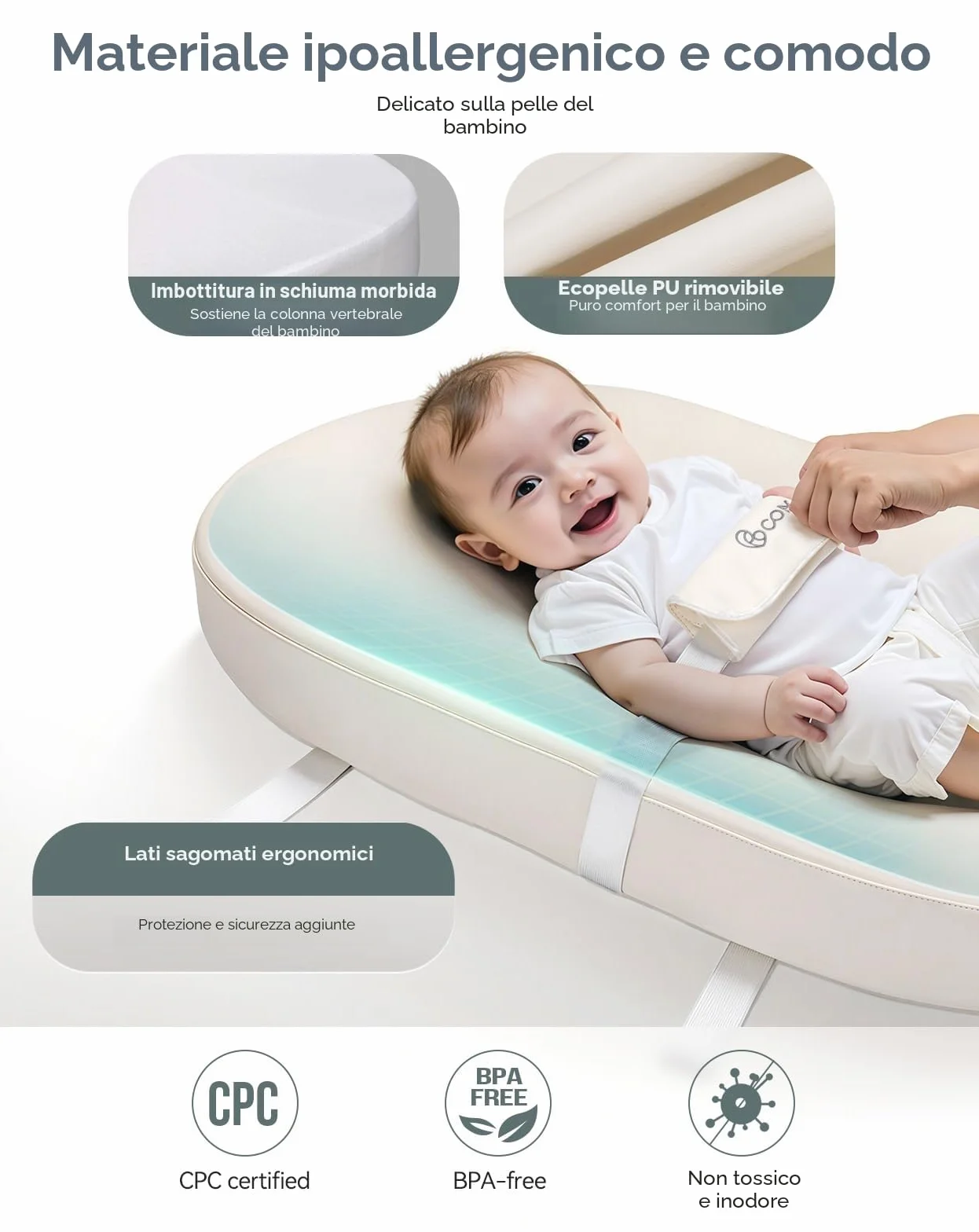 COMOMY Materassino Fasciatoio in Pelle Vegana, 80 x 40 cm, Impermeabile e Lavabile, con Cintura di Sicurezza e Design Antiscivolo, Morbido Cuscino per Fasciatoio Leggero (Beige)