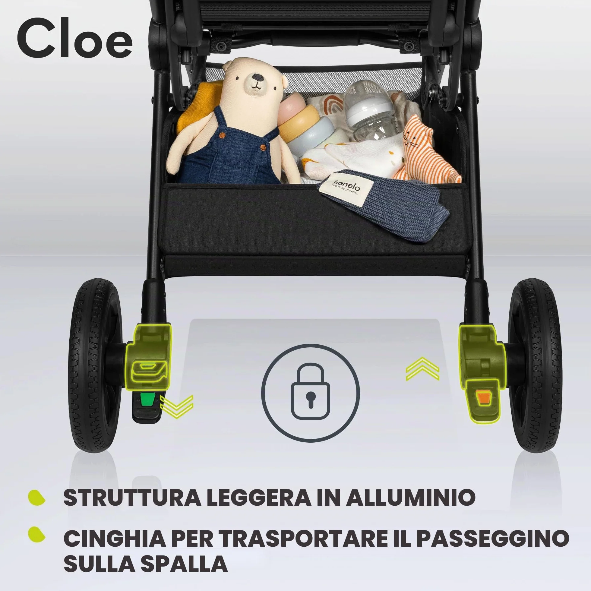 LIONELO Cloe Passeggino leggero e pieghevole per bambini da 0 fino a 22kg Schienale regolabile Posizione nanna Impermeabile, Cinture a 5 punti, Ruote XXL, Zanzariera, Portabicchieri (Momenti d'oro)