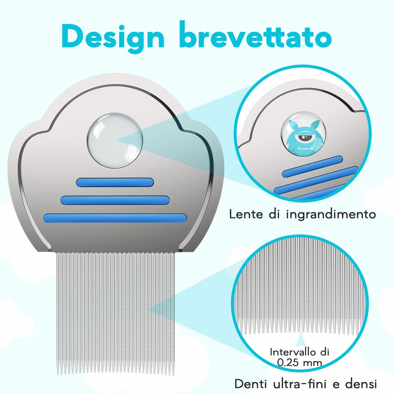 Pettinino Pidocchi Bambini 3 Pezzi - Pettine Pidocchi e Lendini con Lente | Denti ultra-fini in acciaio per rimuovere pidocchi e lendini. Lente integrata. Delicato sui bambini, bagnato o asciutto.