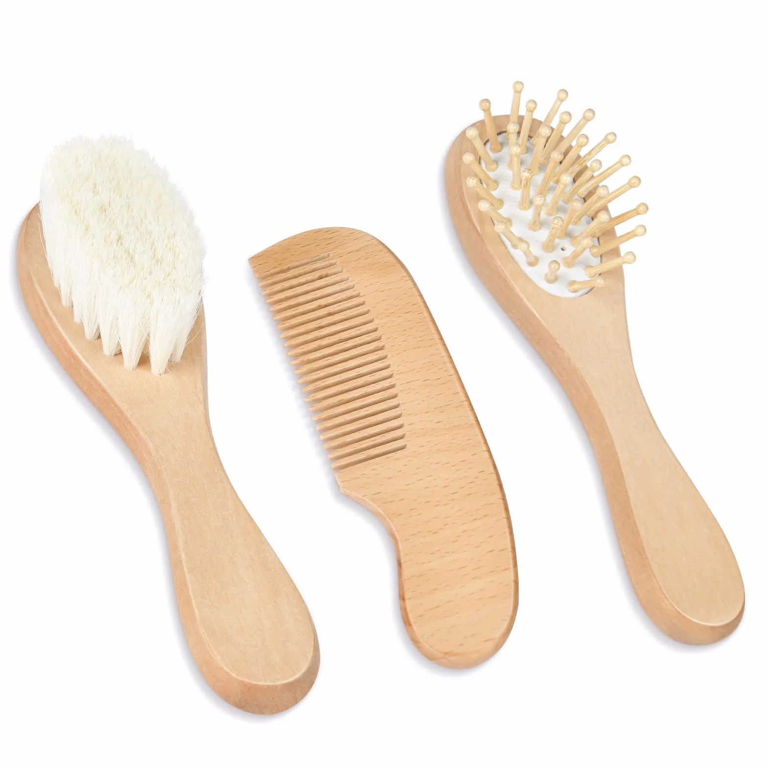 Aolso Spazzola Per Capelli Per Neonati, 3 pezzi Spazzola di Capelli del Bambino e in Legno Pettine, Spazzola di Lana, Pettini per Bebè Set, per Bambini per il Bagnetto del Bambino