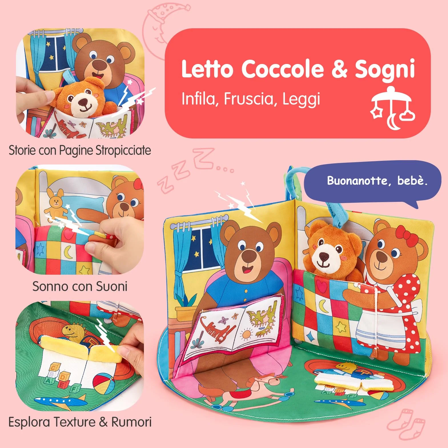 hahaland Libro Sensoriale Neonati 6-12 Mesi, 3 in 1 Morbidi Libro Montessori Interattivo con Specchio & Orsetti Rimovibili, Libri di Stoffa Giochi Tummy Time Neonato Giocattol 3 6 9 12 Mesi