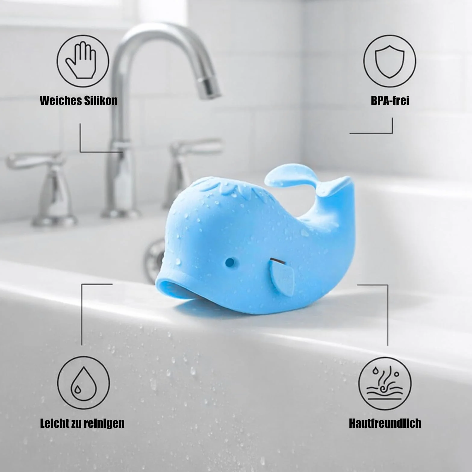 Allungamento rubinetto per bambini, a forma di balena per bambini, in silicone, protezione per rubinetto, per neonati, bambini e bambini, balena, blu