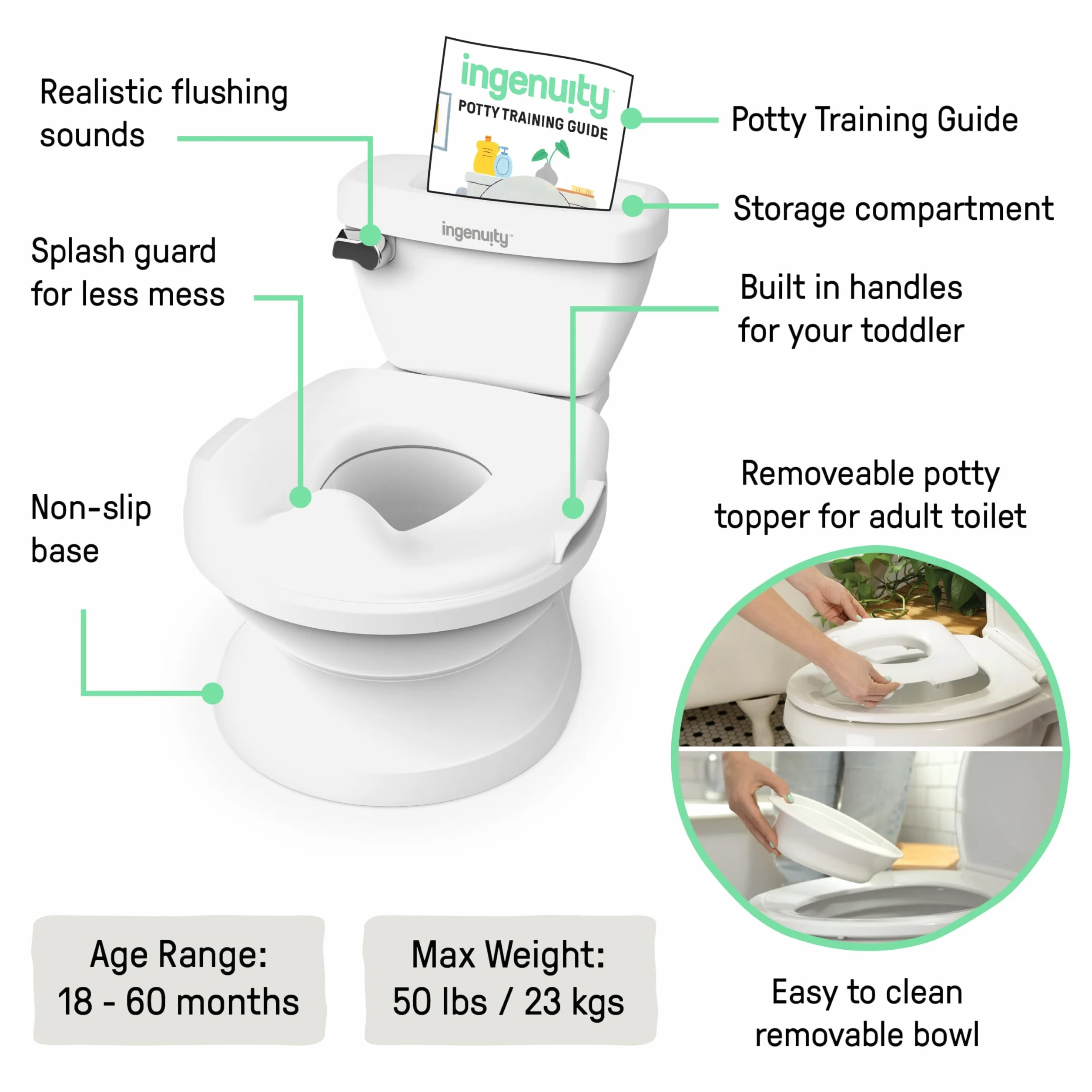 Ingenuity My Size Potty Pro, Vasino per Bambini Realistico 2-in-1 con Suono di Scarico - Riduttore WC Rimovibile - Facile da Pulire - con Scomparto Portaoggetti, 18M+, Fino a 23 kg (Bianco)