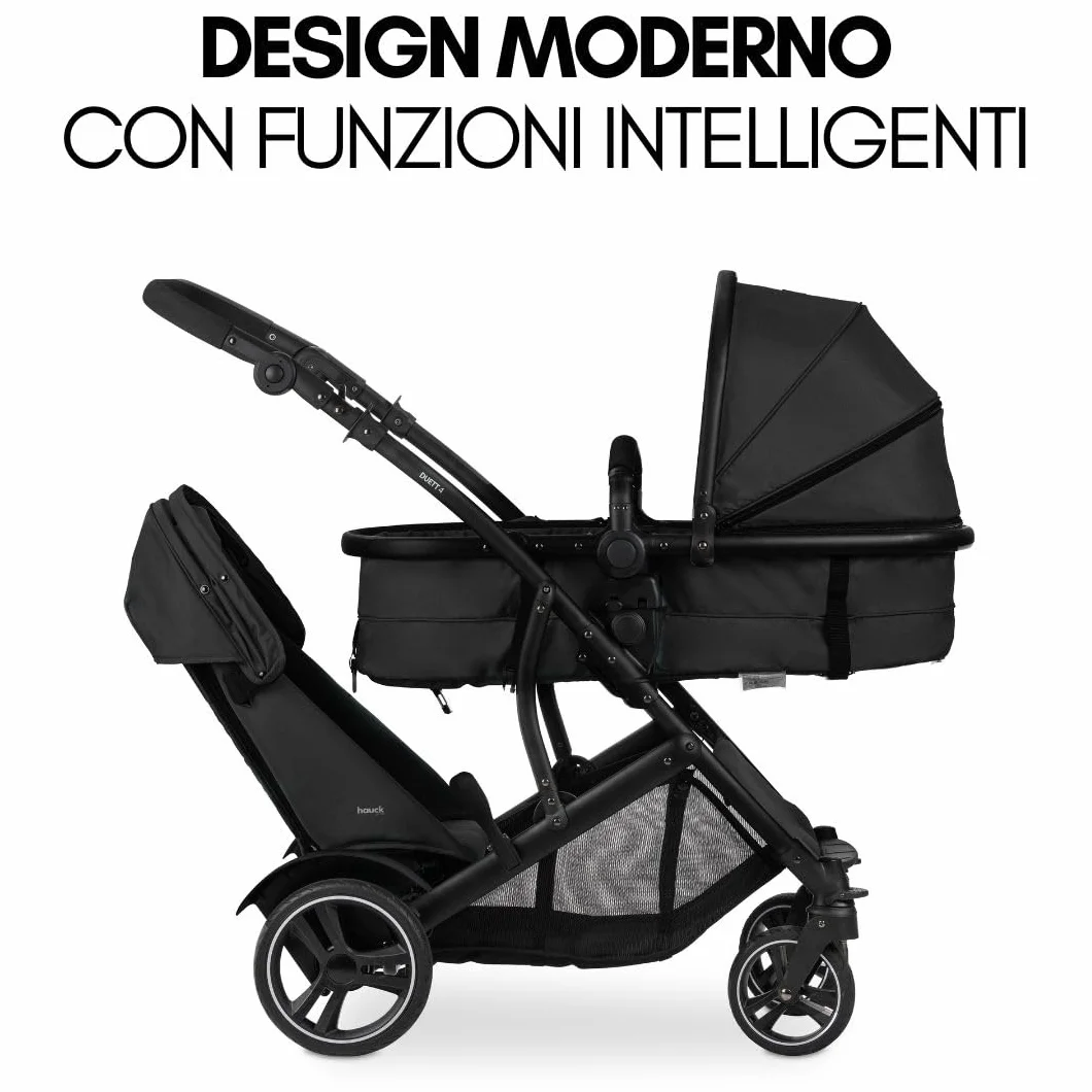 hauck Passeggino Gemellare Duett 4 - Passeggino Doppio per 2 Bambini, Fino a 36Kg, con Coprigambe e Parapioggia - Seduta Convertibile in Navicella Neonato - Nero