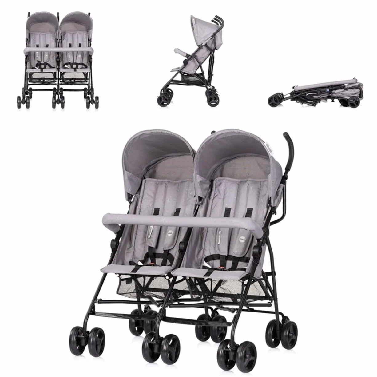 Chipolino Passeggino gemellare Double Point pieghevole, cestino parasole anteriore, grigio
