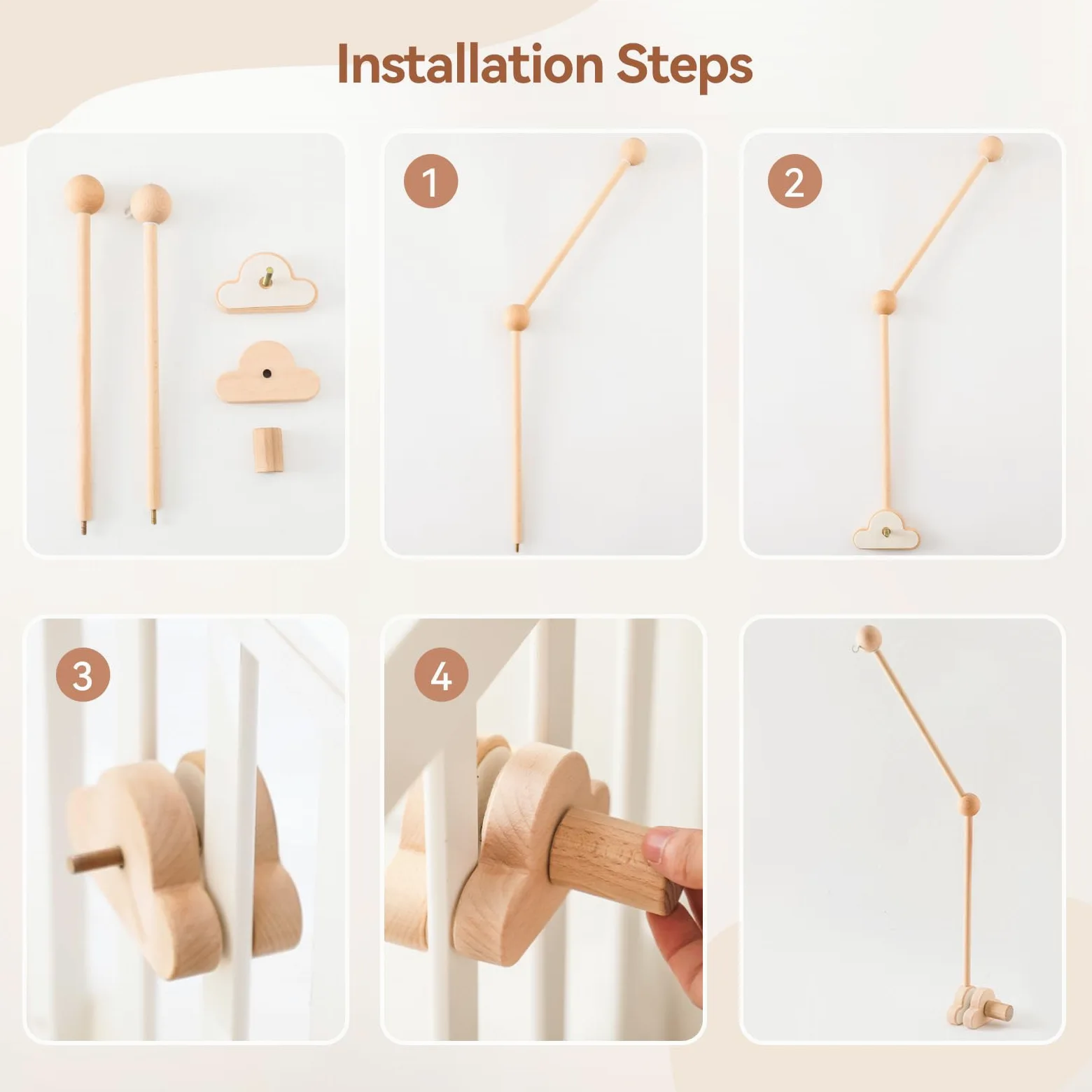 OESSUF Braccio mobile per culla, 68 cm, regolabile, in legno, design a nuvola bianca, supporto mobile per culla (legno)