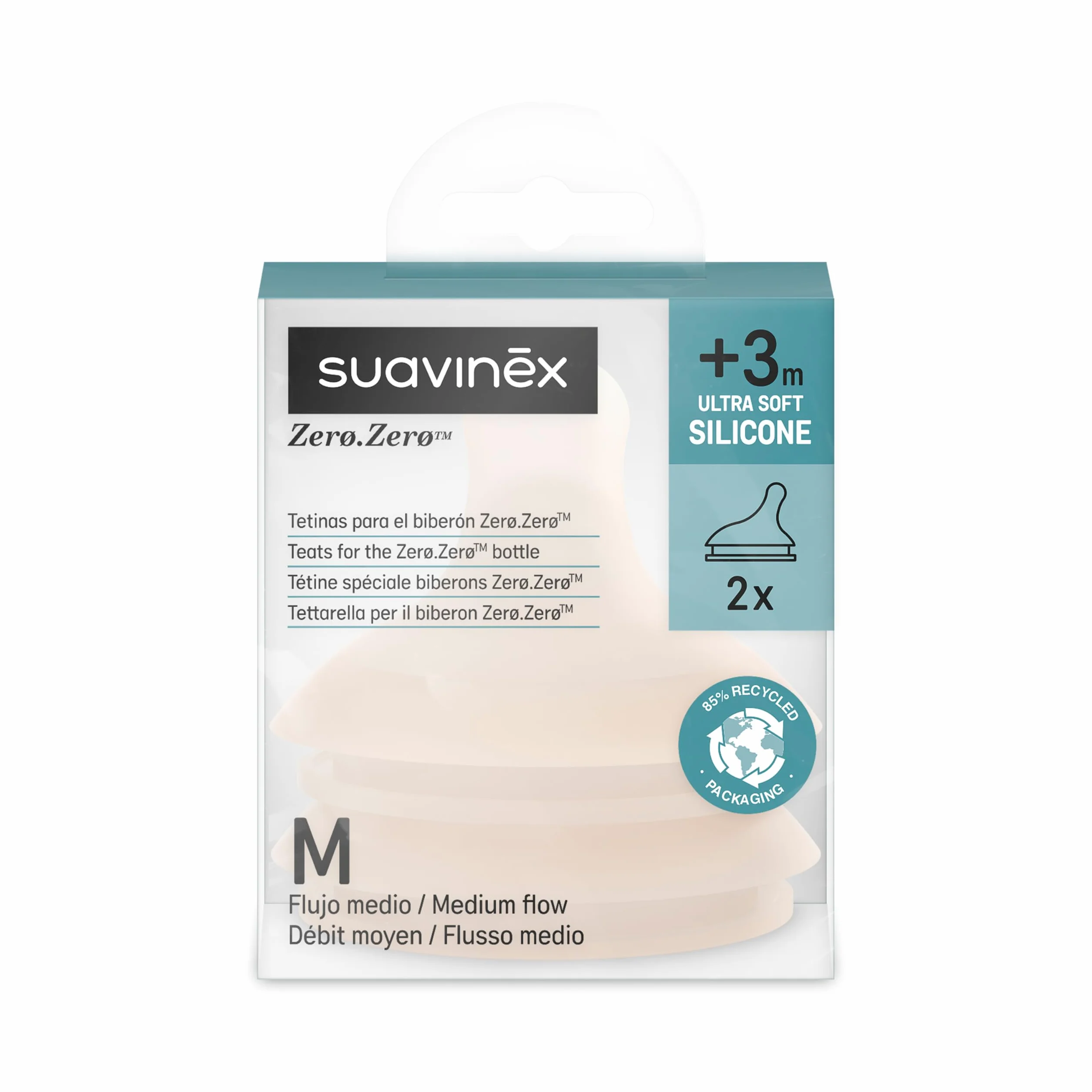 Suavinex, Confezione da 2 Tettarelle per Biberon Anti-Coliche Zero Zero, Flusso Medio (M), Per Liquidi a Media Densità, Latte, Succhi o Alimenti Liquidi per +3 Mesi,