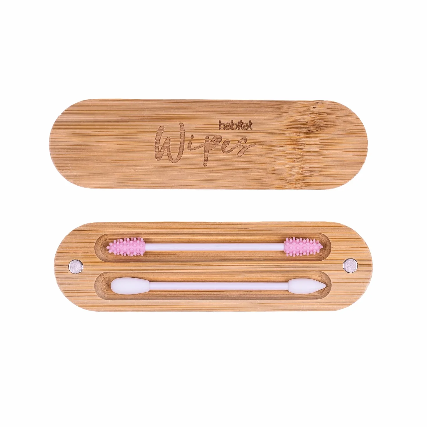 Habitat Wipes - Cotton Fioc Riutilizzabili per orecchie e per make-up in Scatola di bambu - Materiale Ecologico in Silicone Reusable Biodegradabili Lavabili Eco-Friendly - Rosa e Bianco