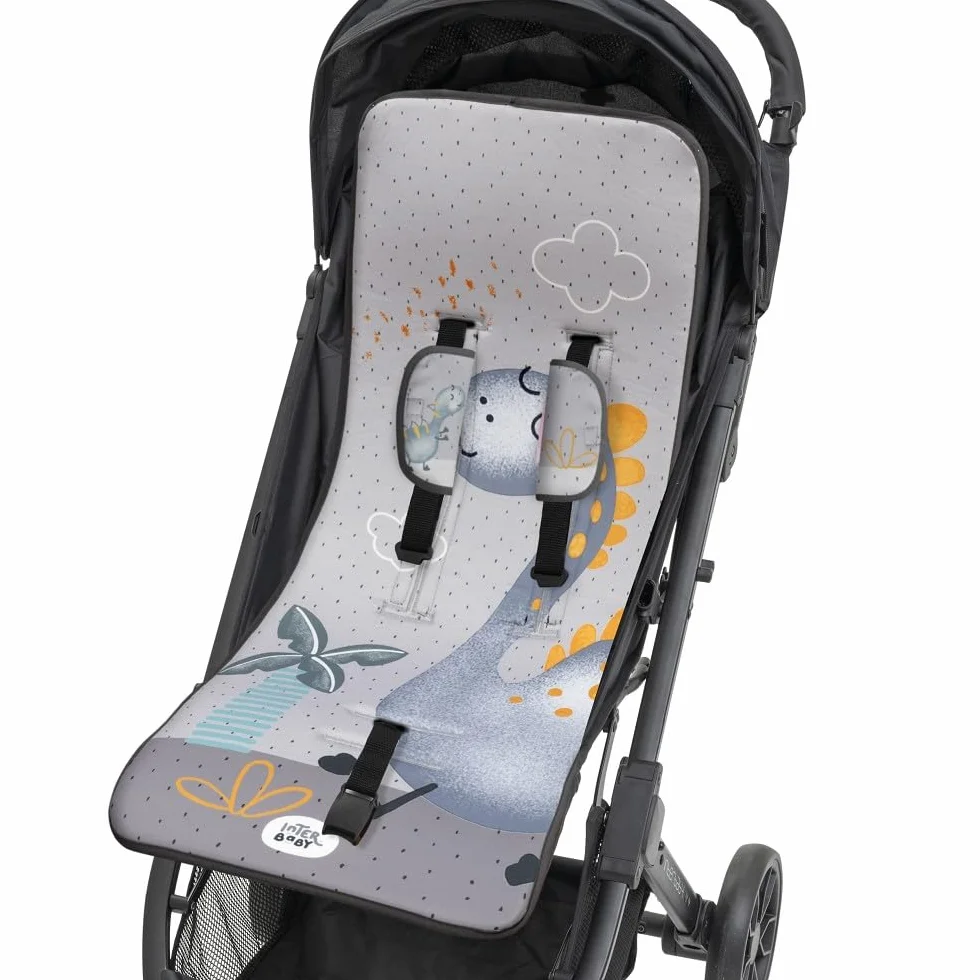 Interbaby Materassino per passeggino, universale, estivo, con palma, grigio, traspirante, confortevole, 100% cotone, 84 x 34 cm, protezioni per imbracatura
