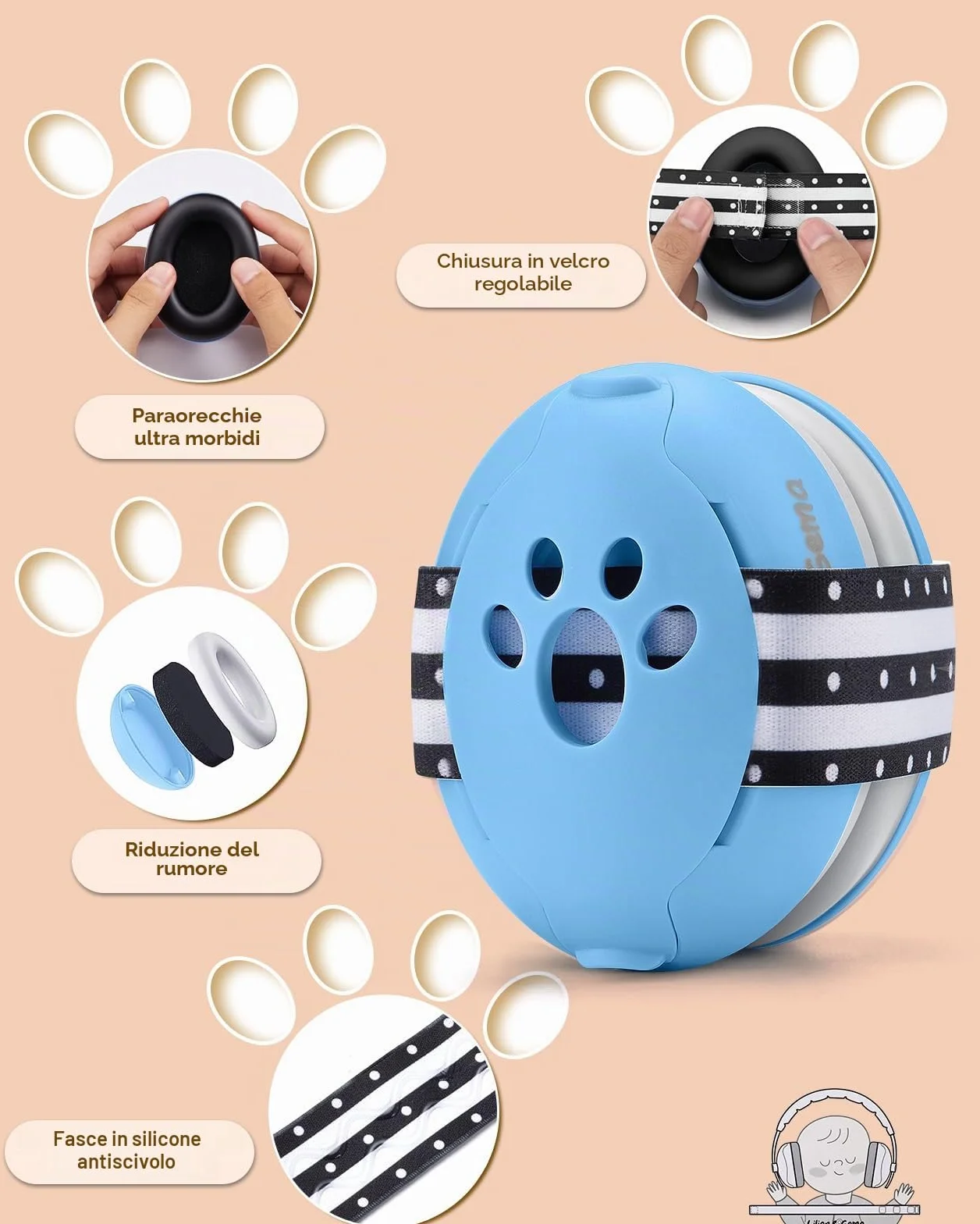 Lilian&Gema Casco Anti Rumore 2 in 1, Confortevole e Regolabile per Bambini fino a 48 Mesi, Ideale per Sonno e Attività