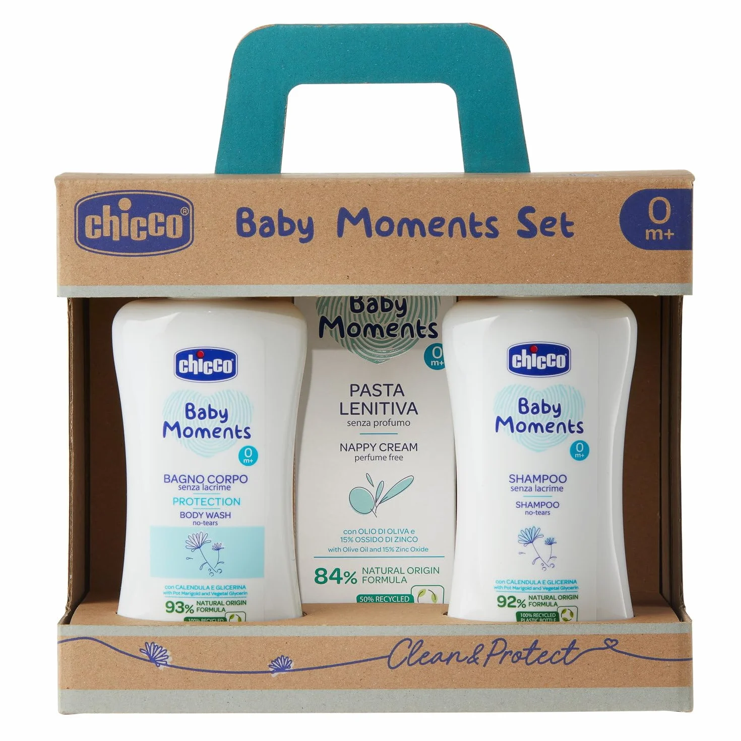 Chicco Baby Moments Set con Bagno Corpo da 200 Ml, Shampo Senza Lacrime da 200 ml, Pasta Lenitiva da 100 Ml, Idea Regalo, 0 Mesi +