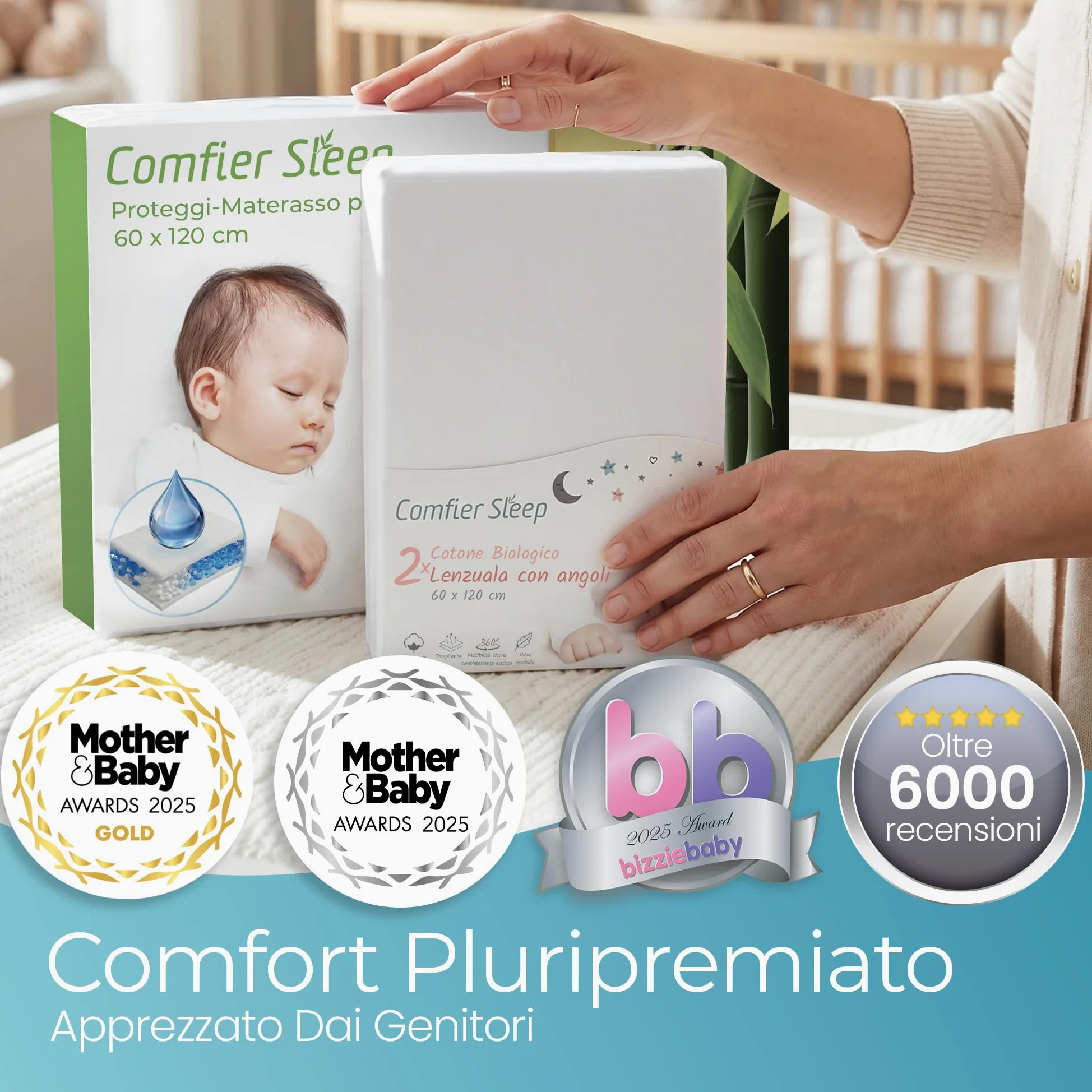 Comfier Sleep Set 3 Pezzi Con 2 Lenzuola Lettino Neonato 60x120 100% Cotone Con Angoli Biologico e 1 Coprimaterasso Lettino 60x120 100% Bambù Impermeabile, Bianco
