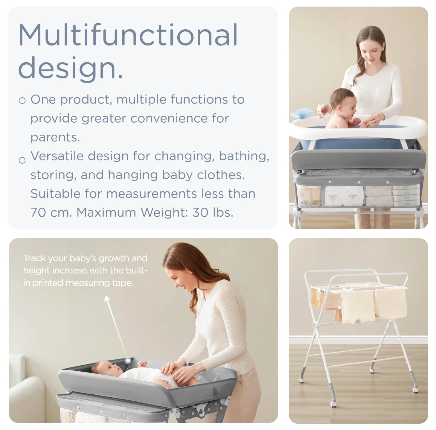 KUB - Fasciatoio portatile per bambini, pieghevole, con ruote, fasciatoio con 3 livelli di altezza, fasciatoio portatile con grandi organizzatori, grigio