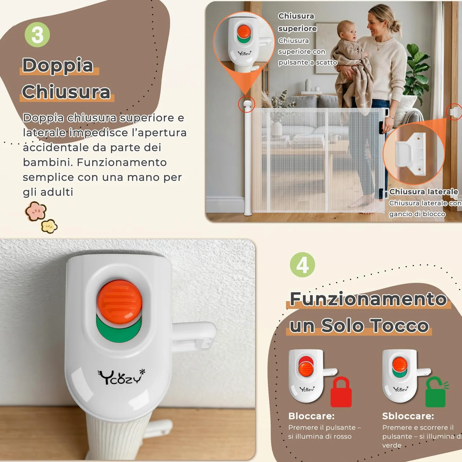 Ycozy Cancelletto per Bambini Scale Senza Foratura 0-200cm Cancelletto per Cani con Barra di Supporto，Retrattile Cancello Bambini Adatto per Scale Interni Esterni