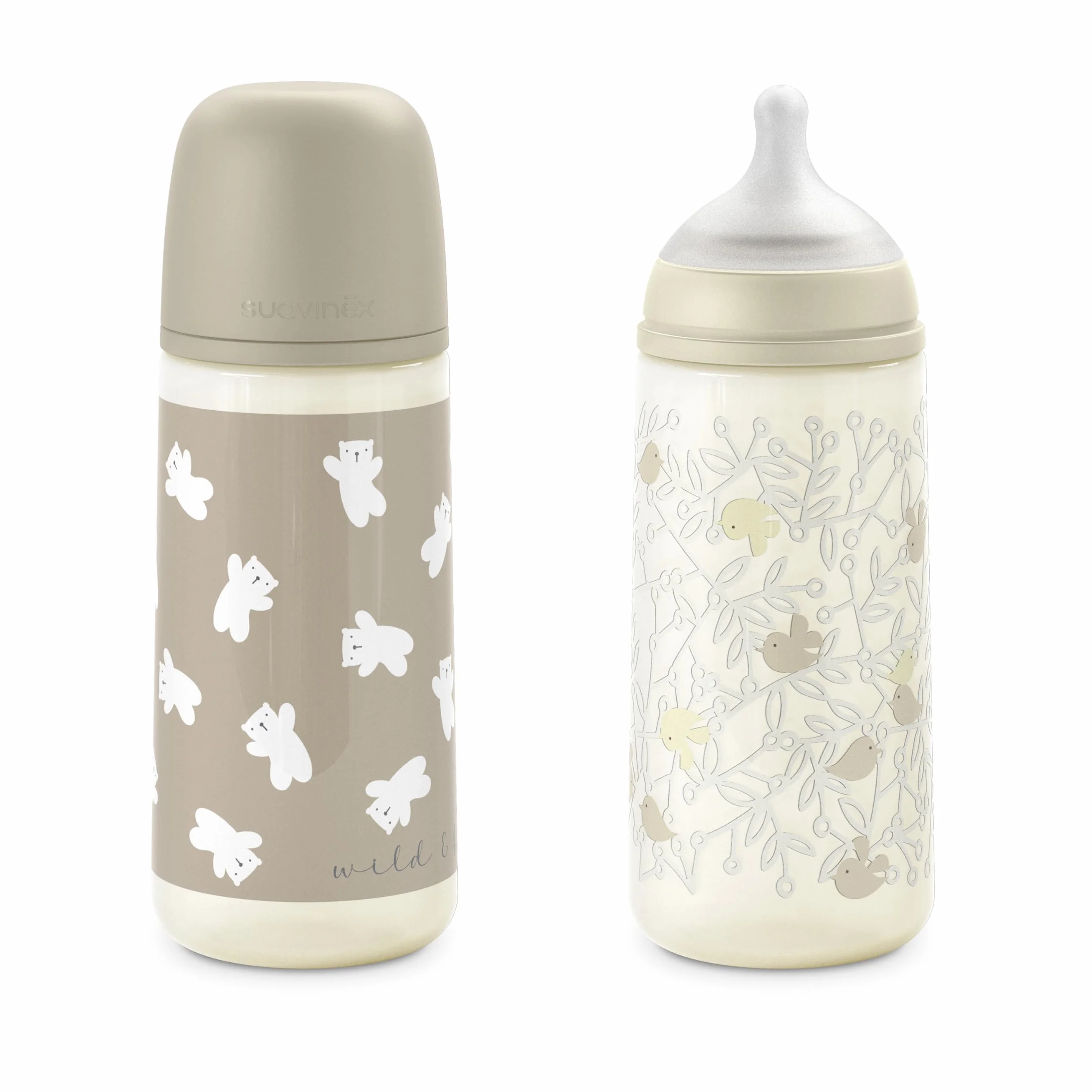 Suavinex, Confezione da 2 Biberon da 360 ml, Tettarella Fisiologica SX Pro in Silicone con Valvola Anticolica, Flusso Denso (L), Adatto per Pappa Liquida. ​​Neonati +6 Mesi. Birdies e Wild&Free, Beige
