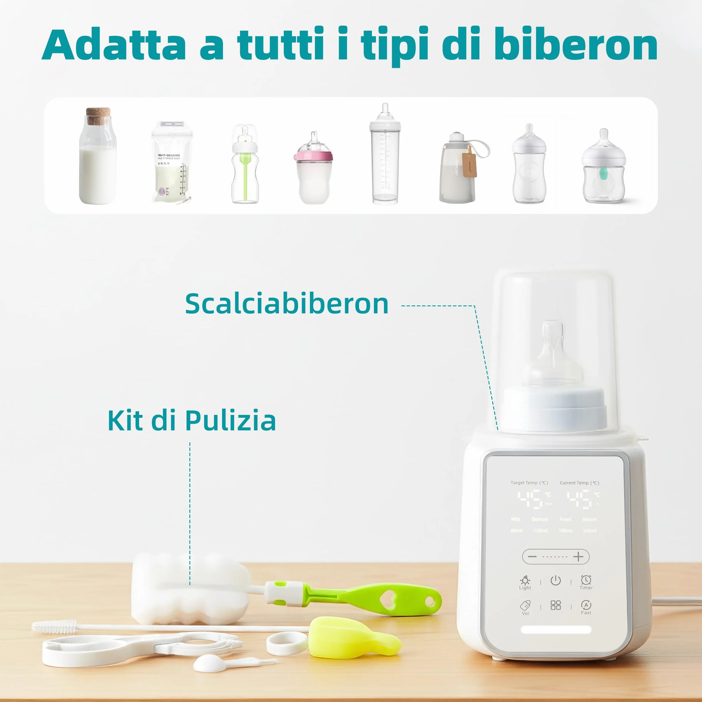 Scaldabiberon 8-in-1 con Controllo Temperatura Intelligente, per Latte Materno e Formula, con Funzione Sterilizzazione, Protezione da Surriscaldamento e Mantenimento della Temperatura Costante