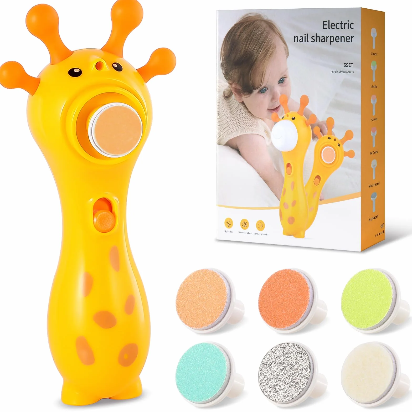 Flintronic Lima Elettrica per Unghie per Neonati, Tagliaunghie per Neonati, Basso Rumore, 6 Testine di Levigatura, Tagliaunghie per Neonati con Luce LED