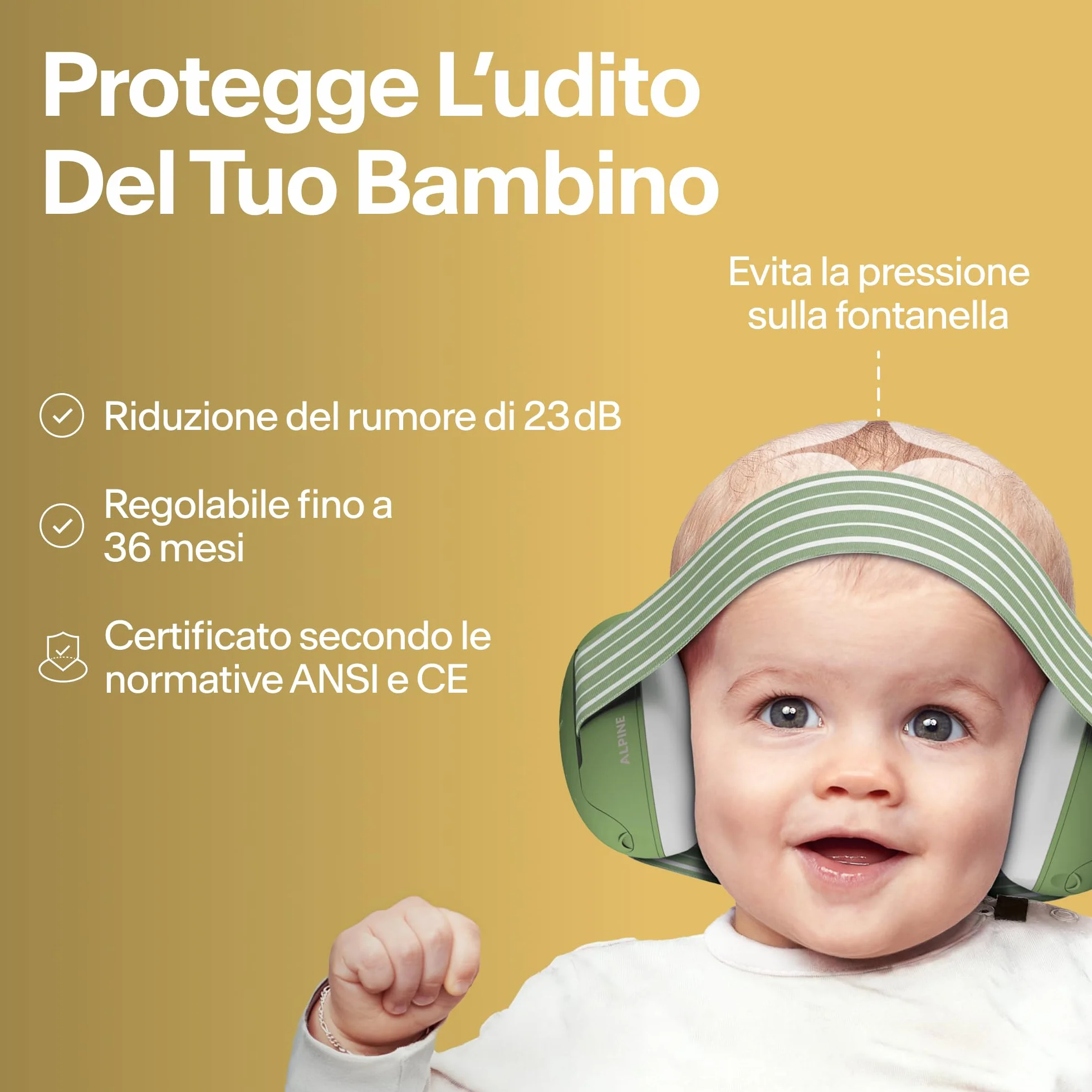 Alpine Muffy Baby - Cuffie antirumore per neonati e bambini piccoli fino a 36 mesi - Protettori acustici per neonati - Previene i danni dell’udito - Migliora il sonno in viaggio - Giallo