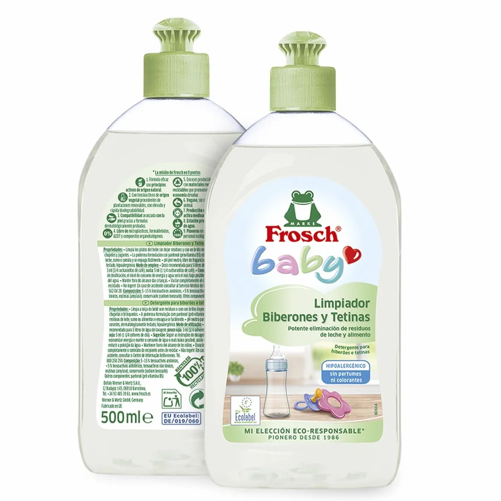 Frosch Baby - Detergente per biberon e tettarelle, rimuove residui di latte e cibo, prodotto ipoallergenico ed ecologico, confezione da 8 pezzi x 500 ml