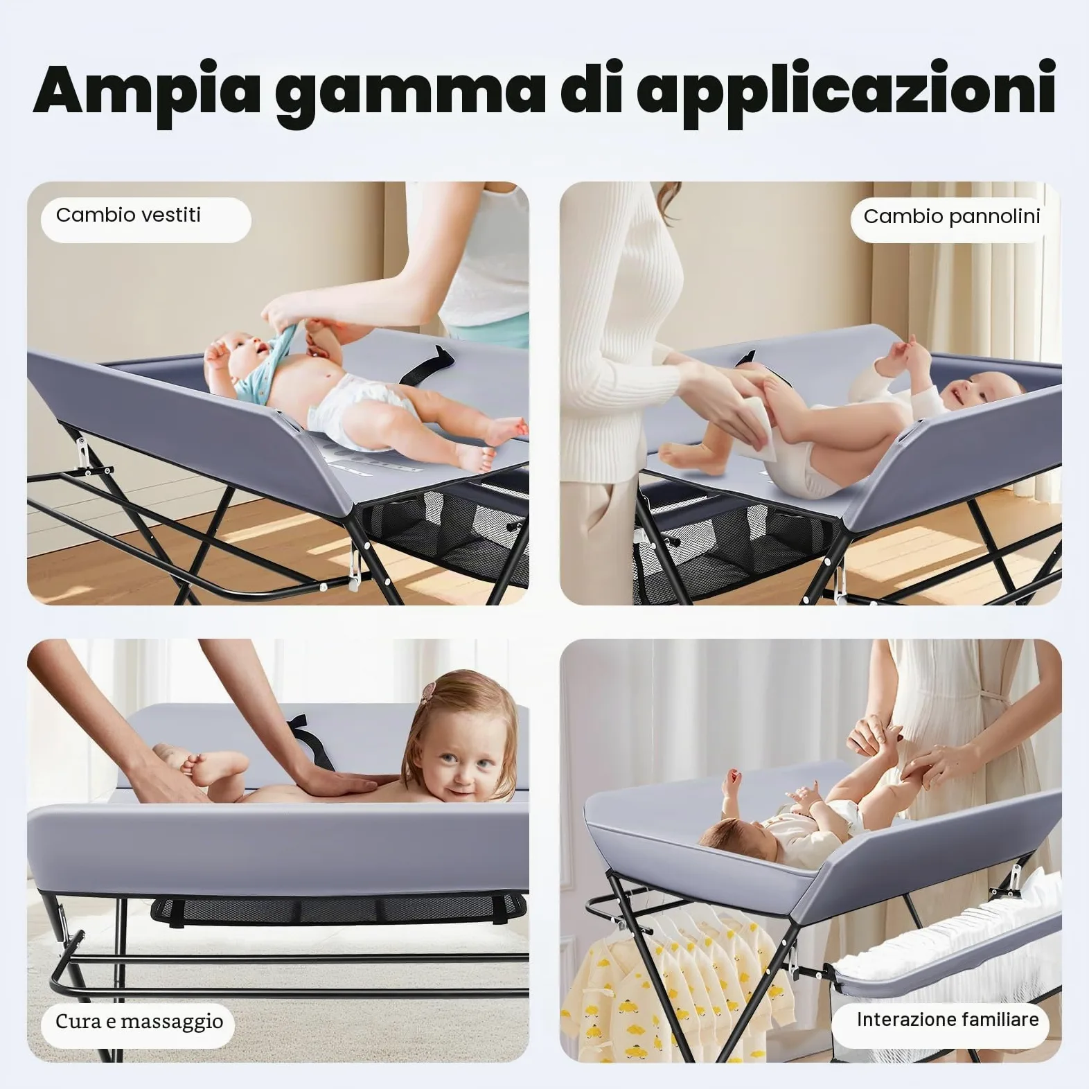 Fasciatoio portatile per bambini, pieghevole, fasciatoio pieghevole, con fasciatoio sottile, cintura di sicurezza e scomparti (grigio scuro)