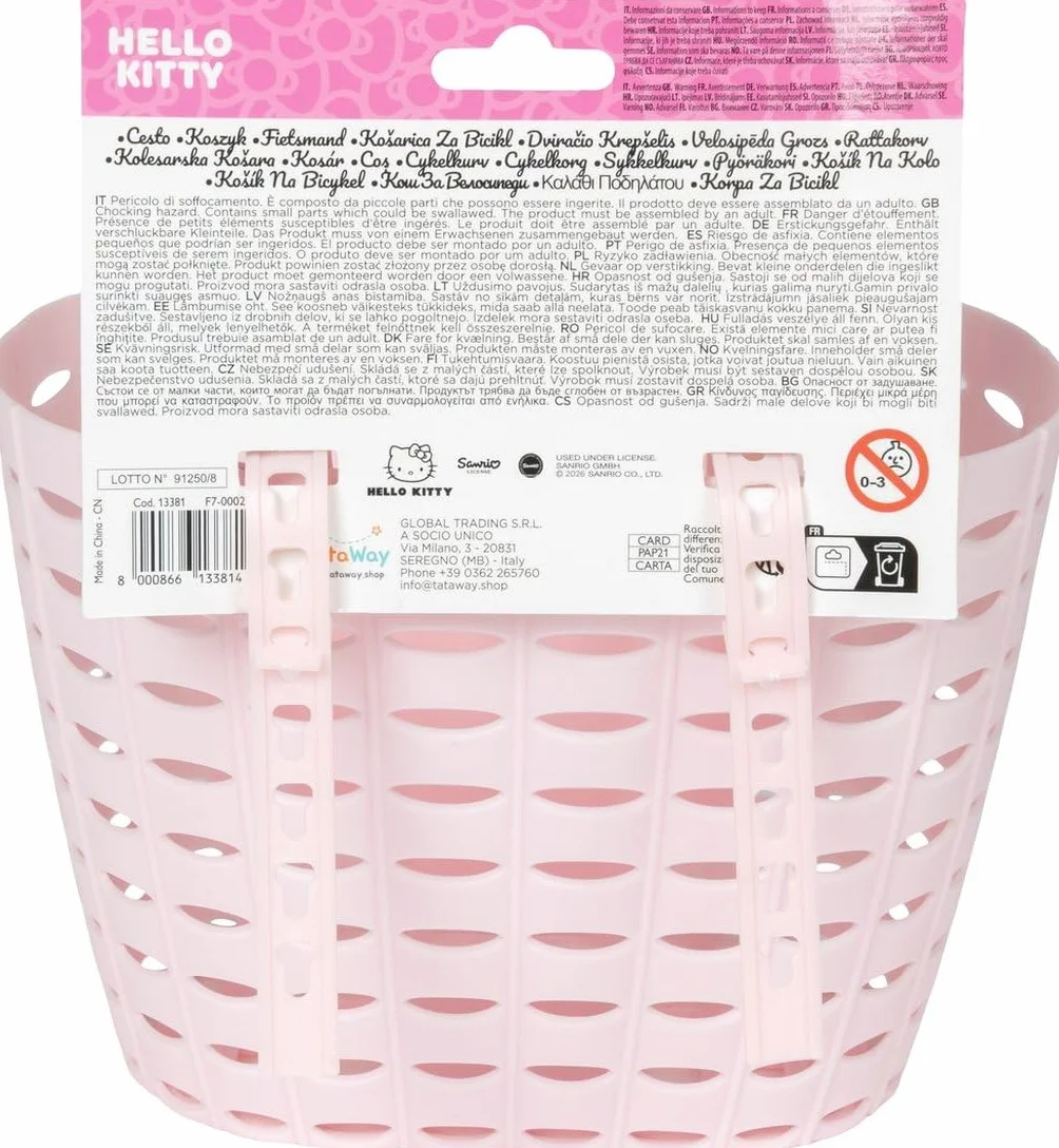 Cestino Bici Hello Kitty Anteriore Universale - Cestino Bicicletta Bambini Rosa, Portaoggetti Bici in Plastica Resistente, Facile Montaggio e Leggero