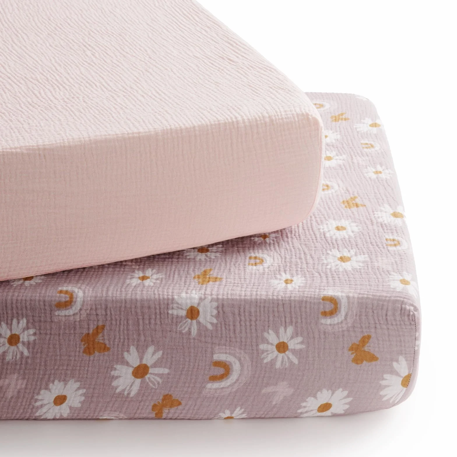 TILLYOU Mussola - Set di 2 lenzuoli con angoli elasticizzati per lettino, 60 x 120 cm, 100% cotone, motivo: farfalla rosa