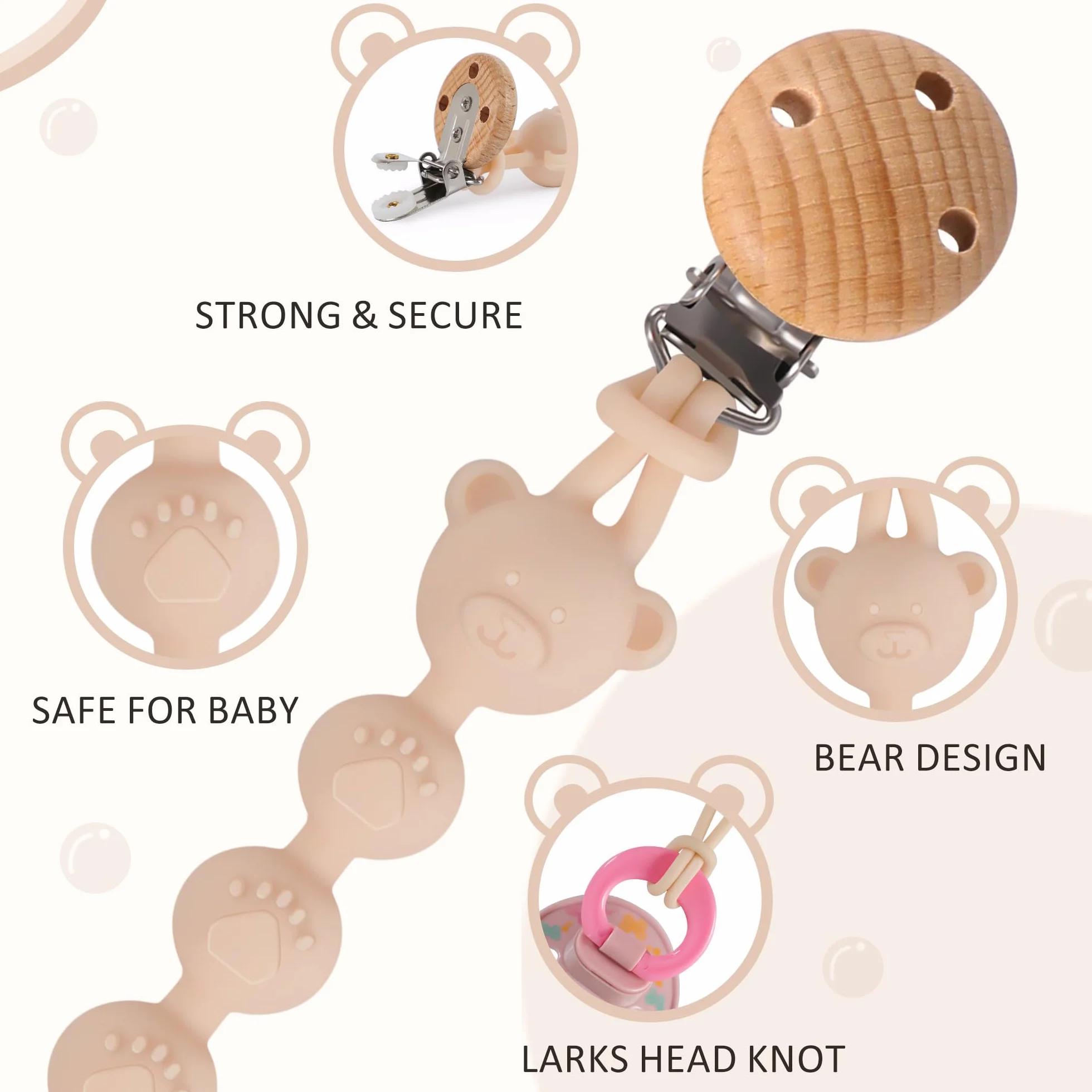 Set da 3 Catenella Portaciuccio in Silicone, Design Monoblocco Catenella Ciuccio per Bambine e Bambini, Portaciuccio Senza BPA, Elastiche e Robustezza (Crema Marrone Grigio)