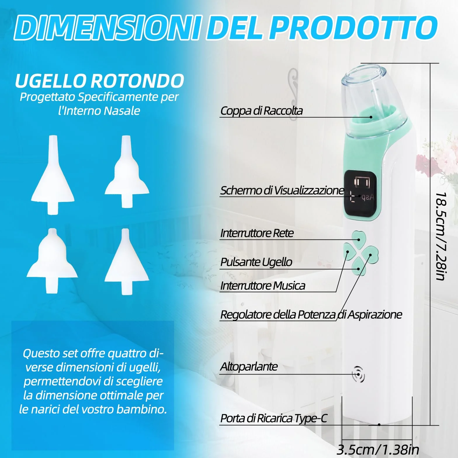 Aspiratore nasale per bambini, potenza di aspirazione regolabile a 3 livelli, 4 testine in silicone, funzione musica e luce, adatto per neonati, lattanti e bambini piccoli